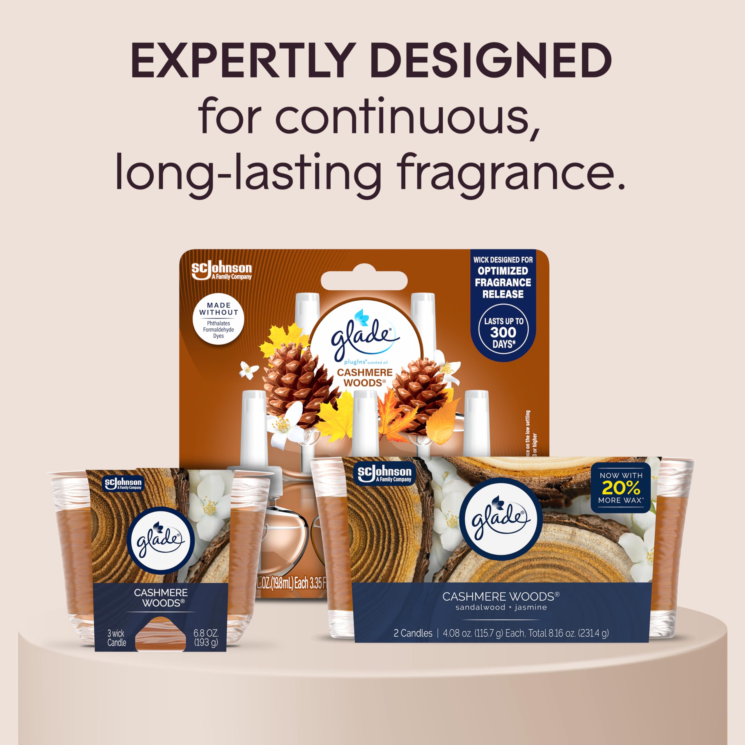 Bougie Glade Cashmere Woods sans phtalates ni parabènes pour une routine plus sûre.