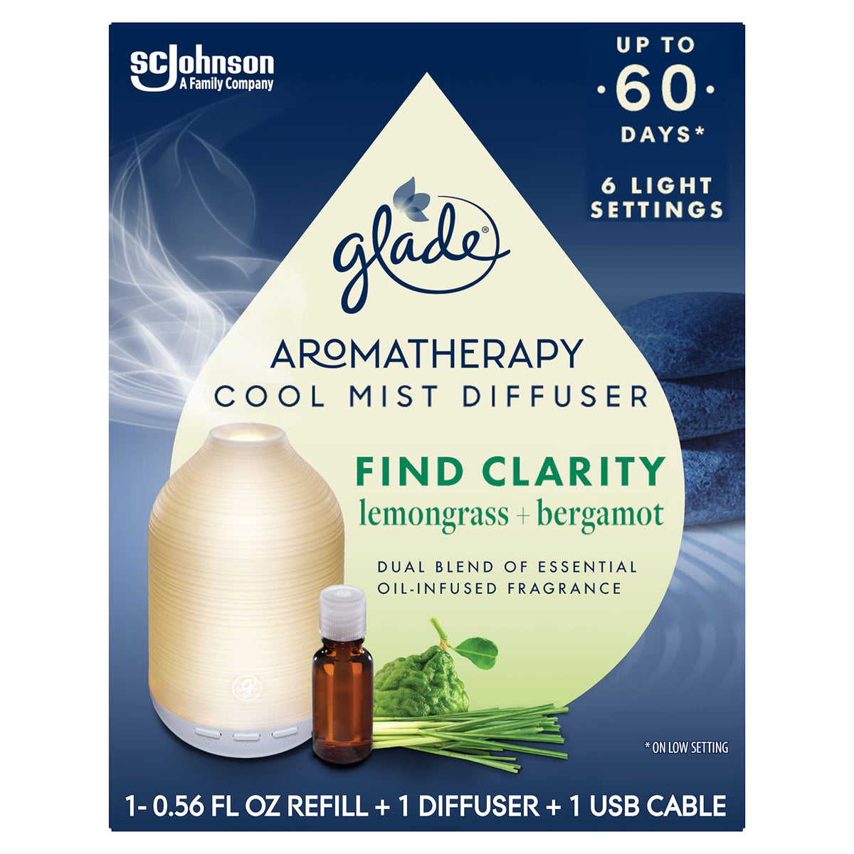 Diffuseur Glade d'aromaThérapie ambiance bleu, fraîcheur et calme en image.