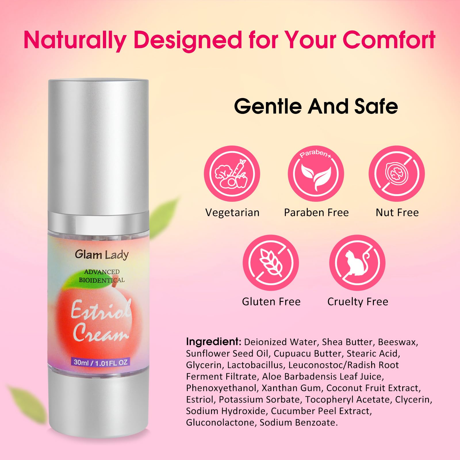 Glam Lady Crème Estriol Bioidentique, absorption rapide sans résidu gras.