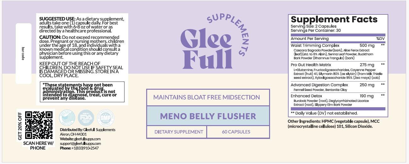 Gleefull Supps Meno Belly Flusher - emballage clair, bien-être féminin en ménopause.