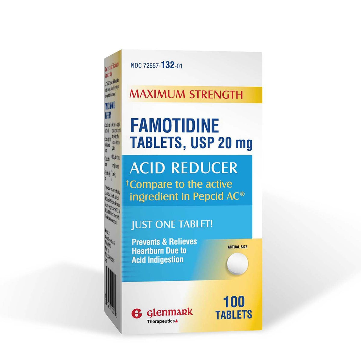Glenmark Famotidine 20 mg — boîte de comprimés pour un usage quotidien possible contre les brûlures d’estomac.