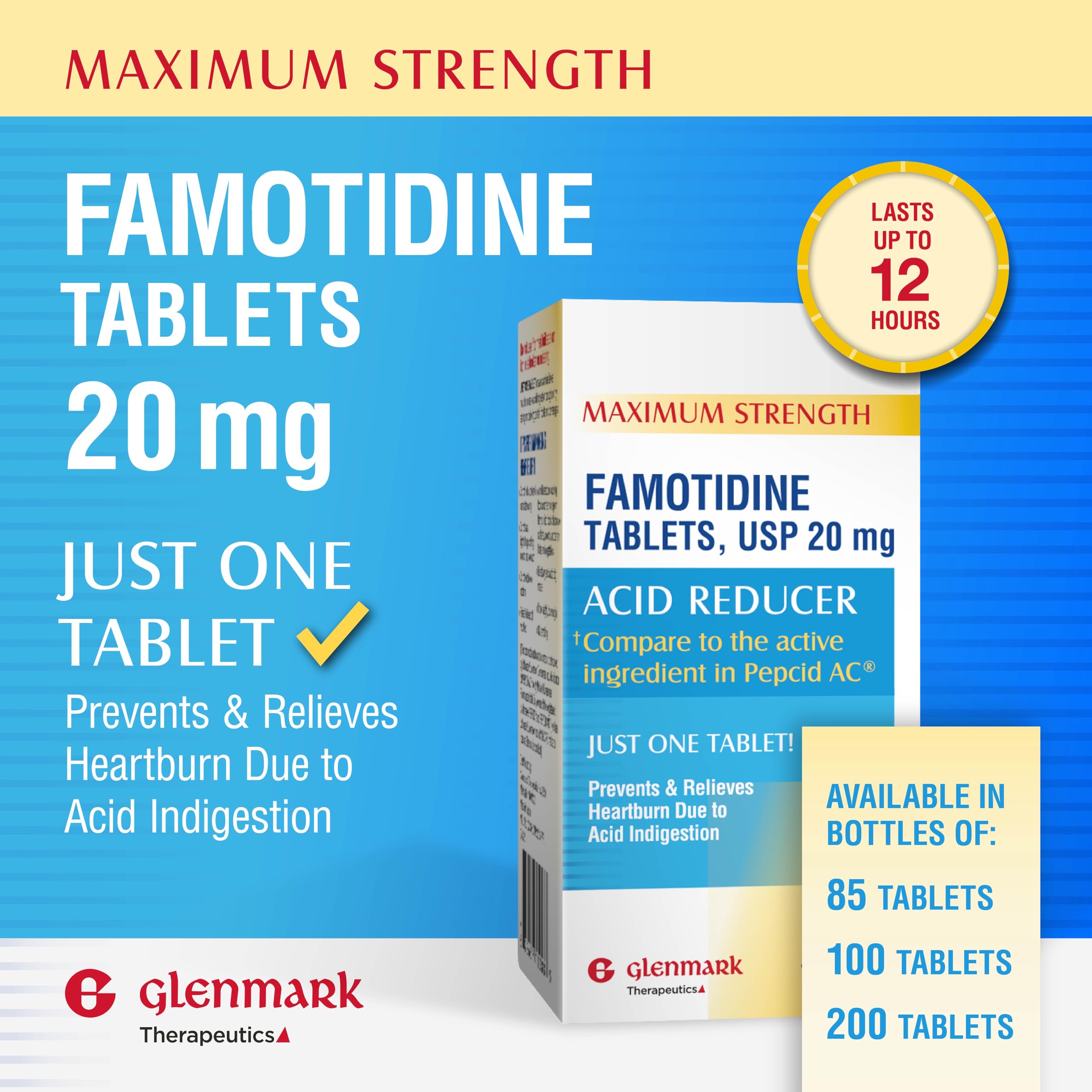 Glenmark Famotidine 20 mg — tablette dans la main, prise discrète et simple.