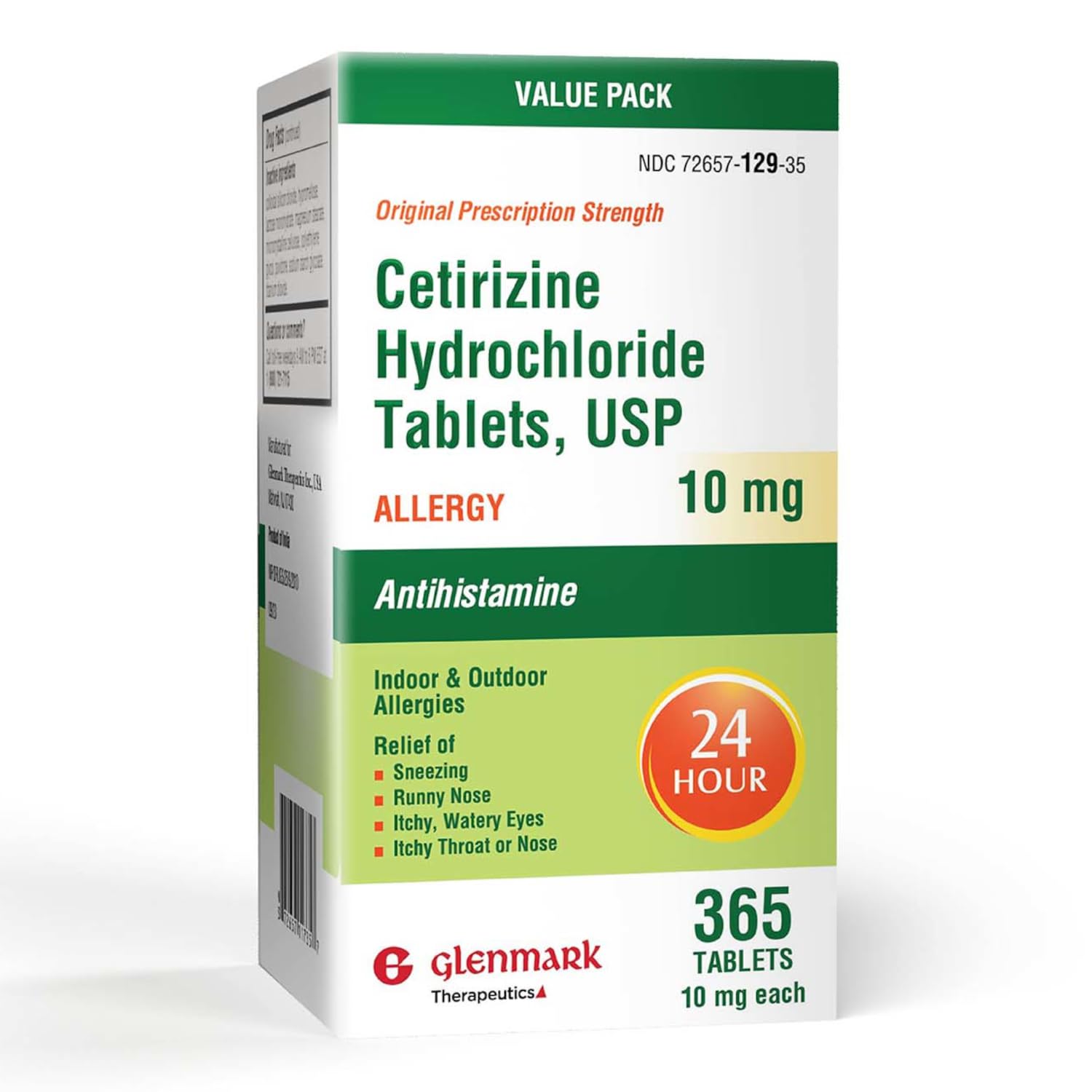 Glenmark Therapeutics CETIRIZINE 10 mg : boîte indiquant un soulagement potentiel tout au long de la journée.