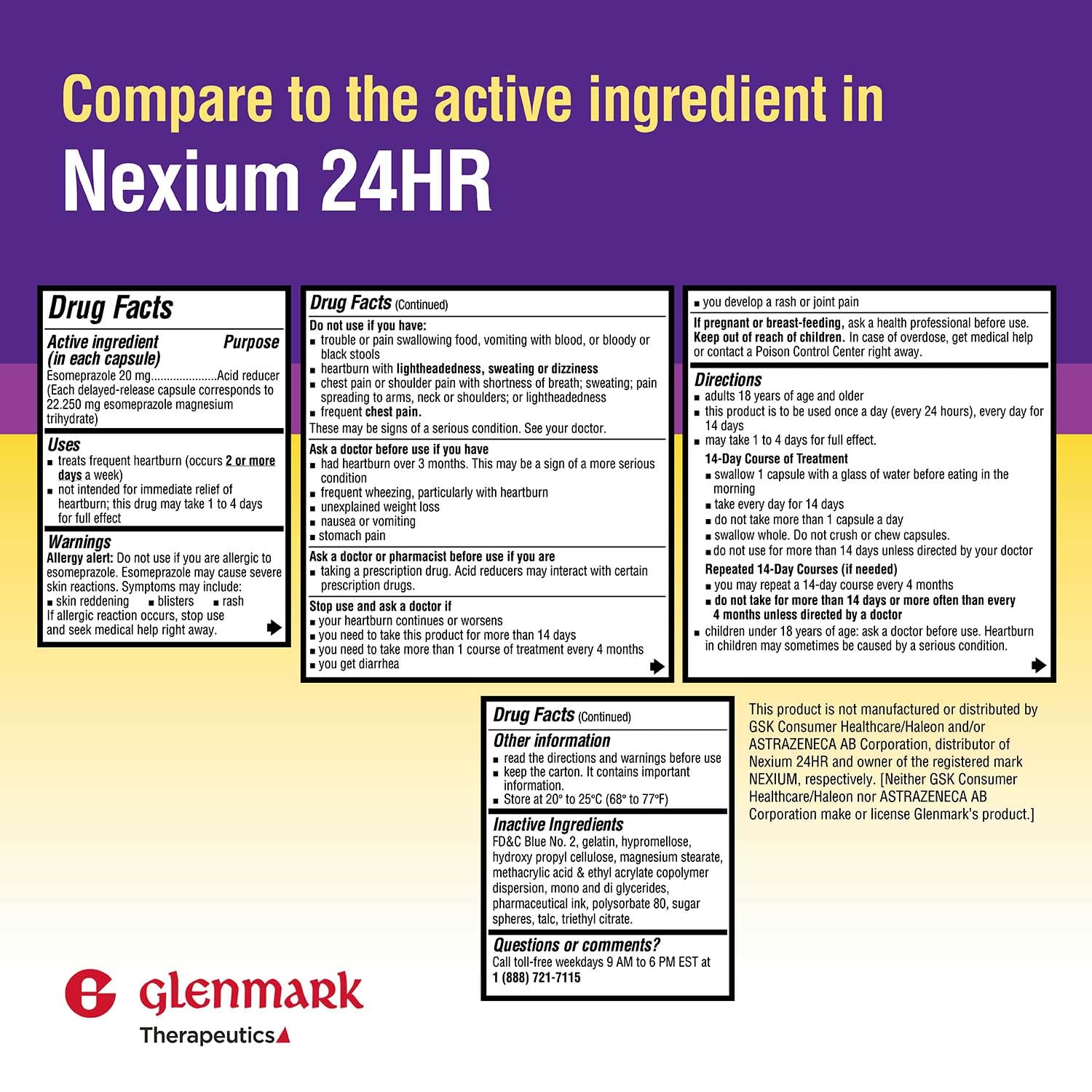 Glenmark Esomeprazole: boîte de 42 capsules pratique pour le traitement continu.