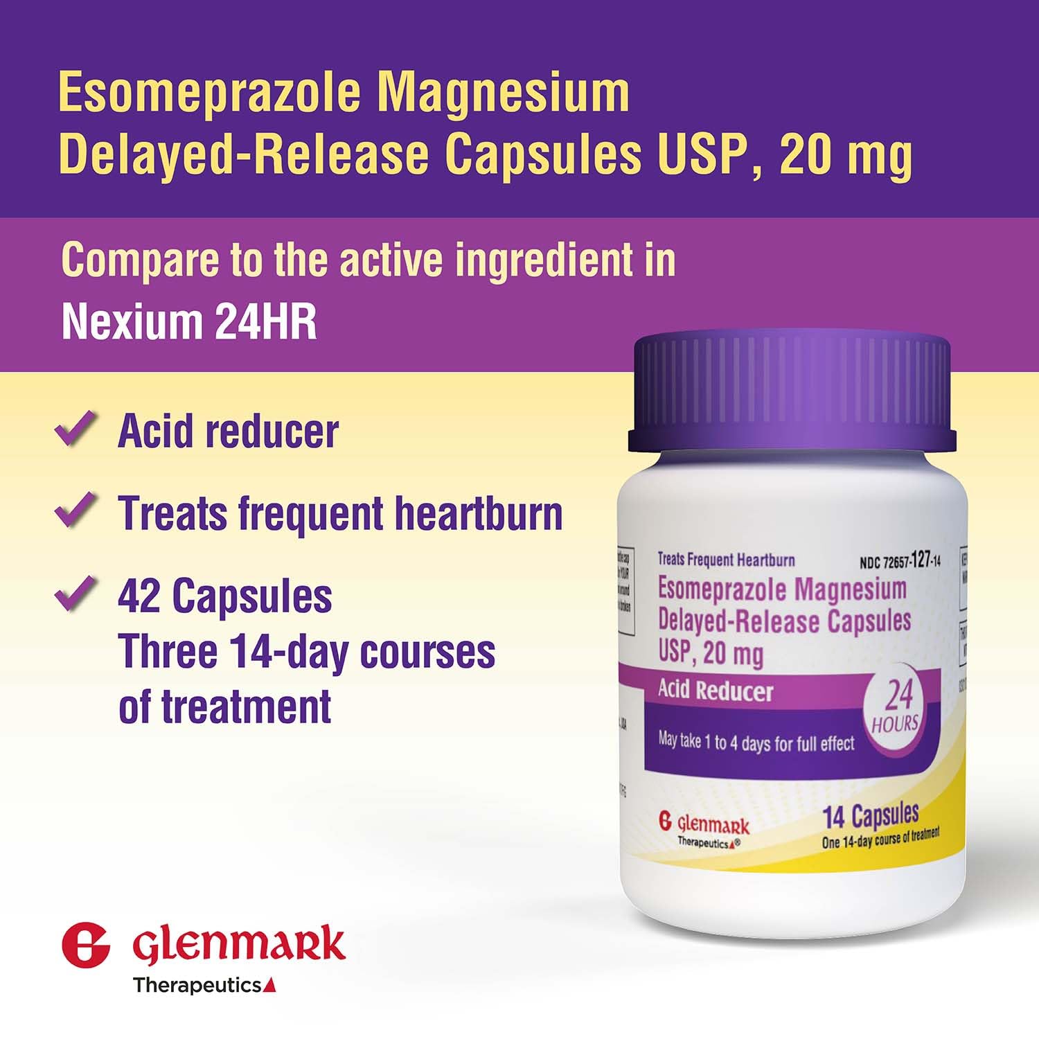 Glenmark Esomeprazole: étiquette claire facilitant le dosage quotidien et les routines.