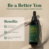 Global Healing Center Foreign Protein Cleanse – flacon et tableau des dosages, pour une utilisation réfléchie.