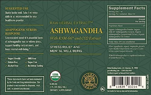 Global Healing Center Ashwagandha gouttes - pipette: soutien potentiel à la gestion du stress.