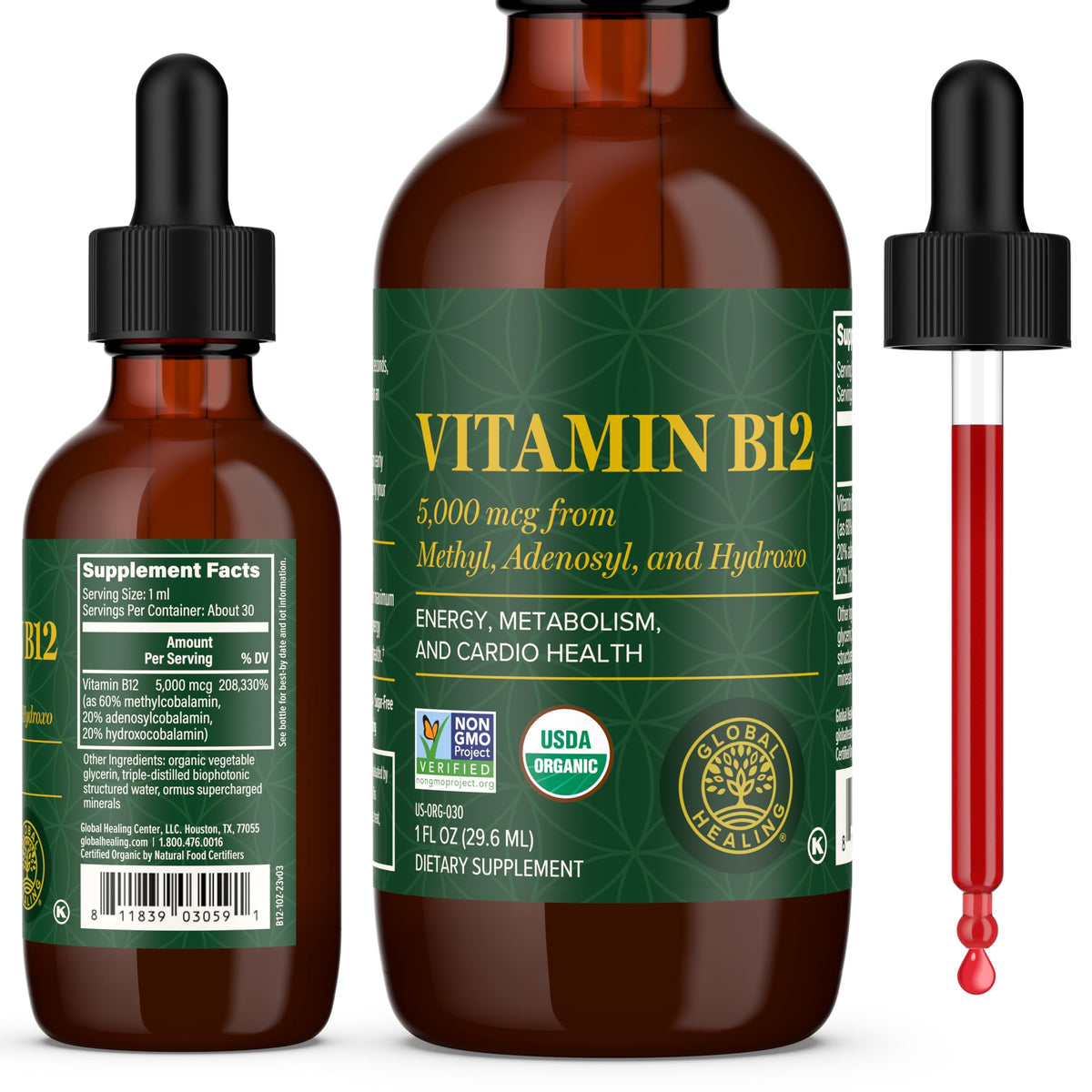 Global Healing Center B12 Sublingual, bouteille 5000 mcg pour énergie potentielle.