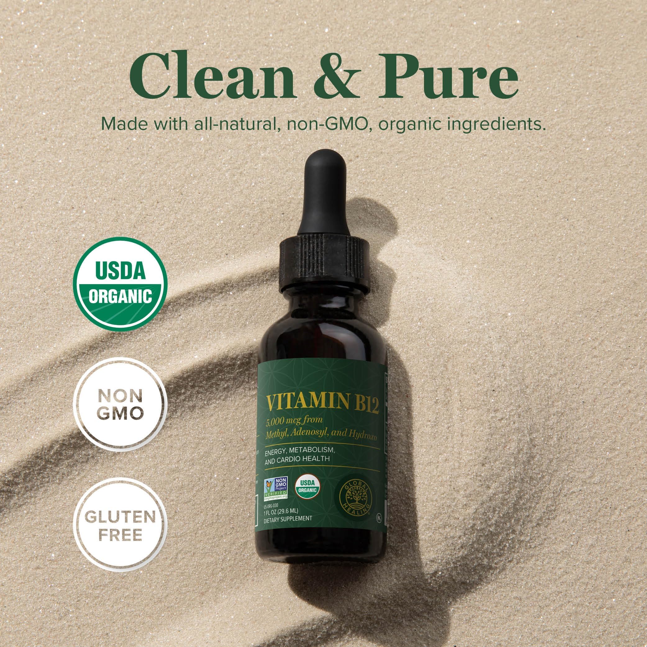 Global Healing Center B12 Sublingual, flacon liquide clair.