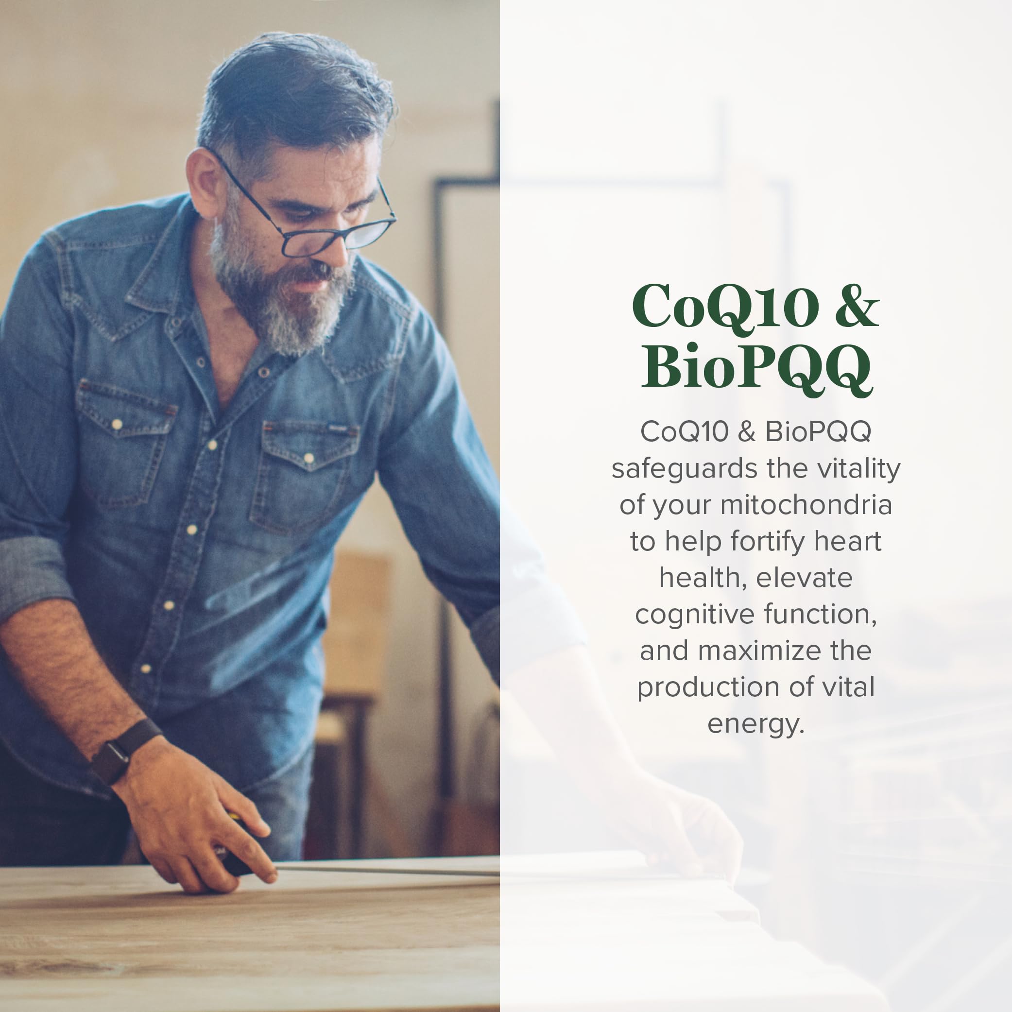CoQ10 BioPQQ Shilajit — étiquette mettant en avant énergie et clarté mentale.