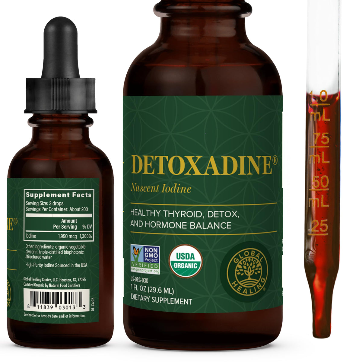 Detoxadine Global Healing Center: bouteille prête à un usage quotidien avec gouttes.