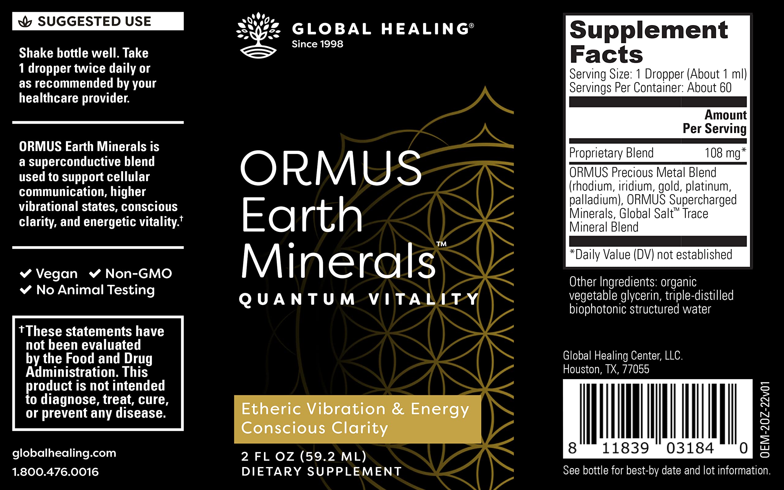 Global Healing Center ORMUS Terre Minéraux – étiquette élégante pour votre routine bien-être.