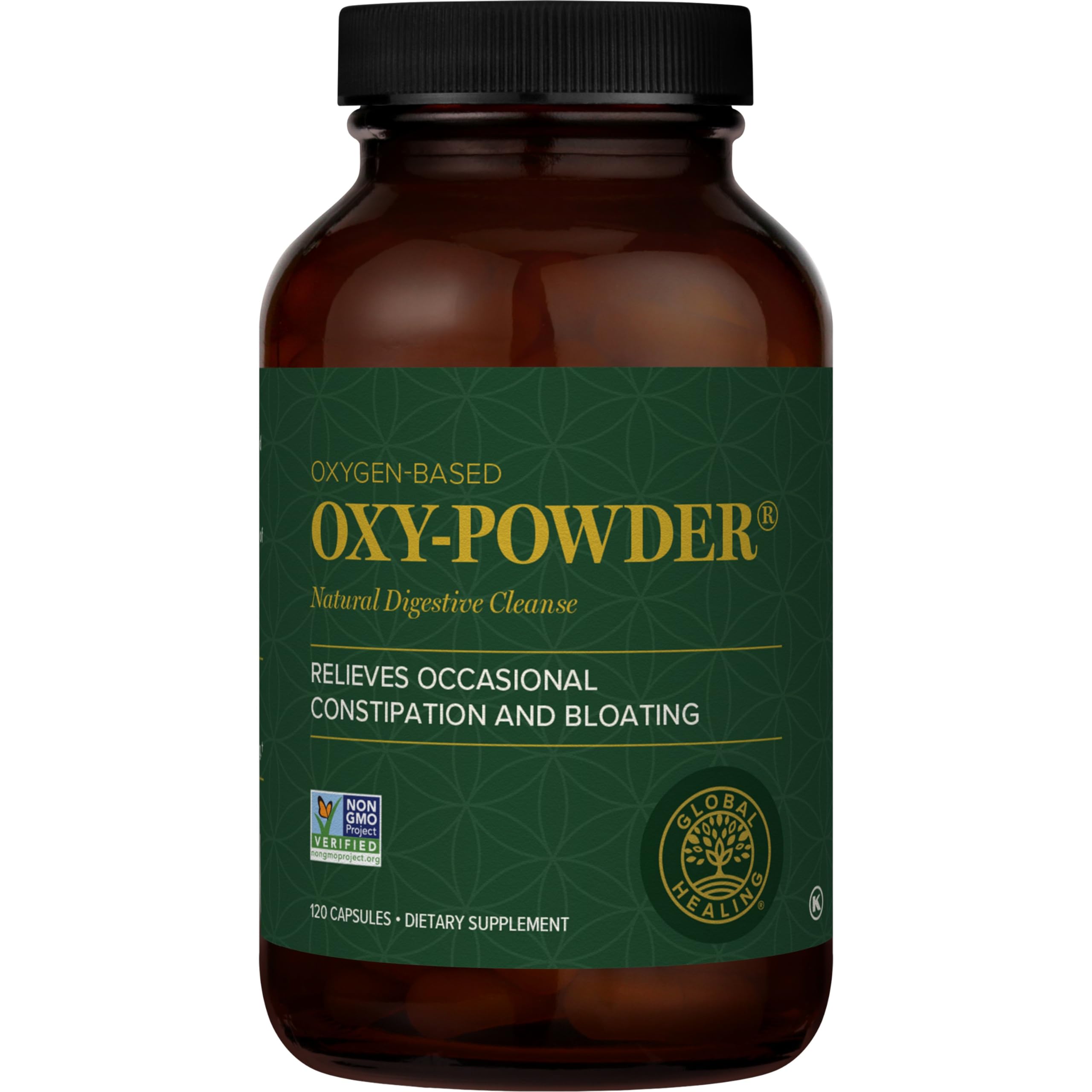 Global Healing Center Oxy-Powder – bouteille montrant l'emballage et un nettoyage intestinal doux.