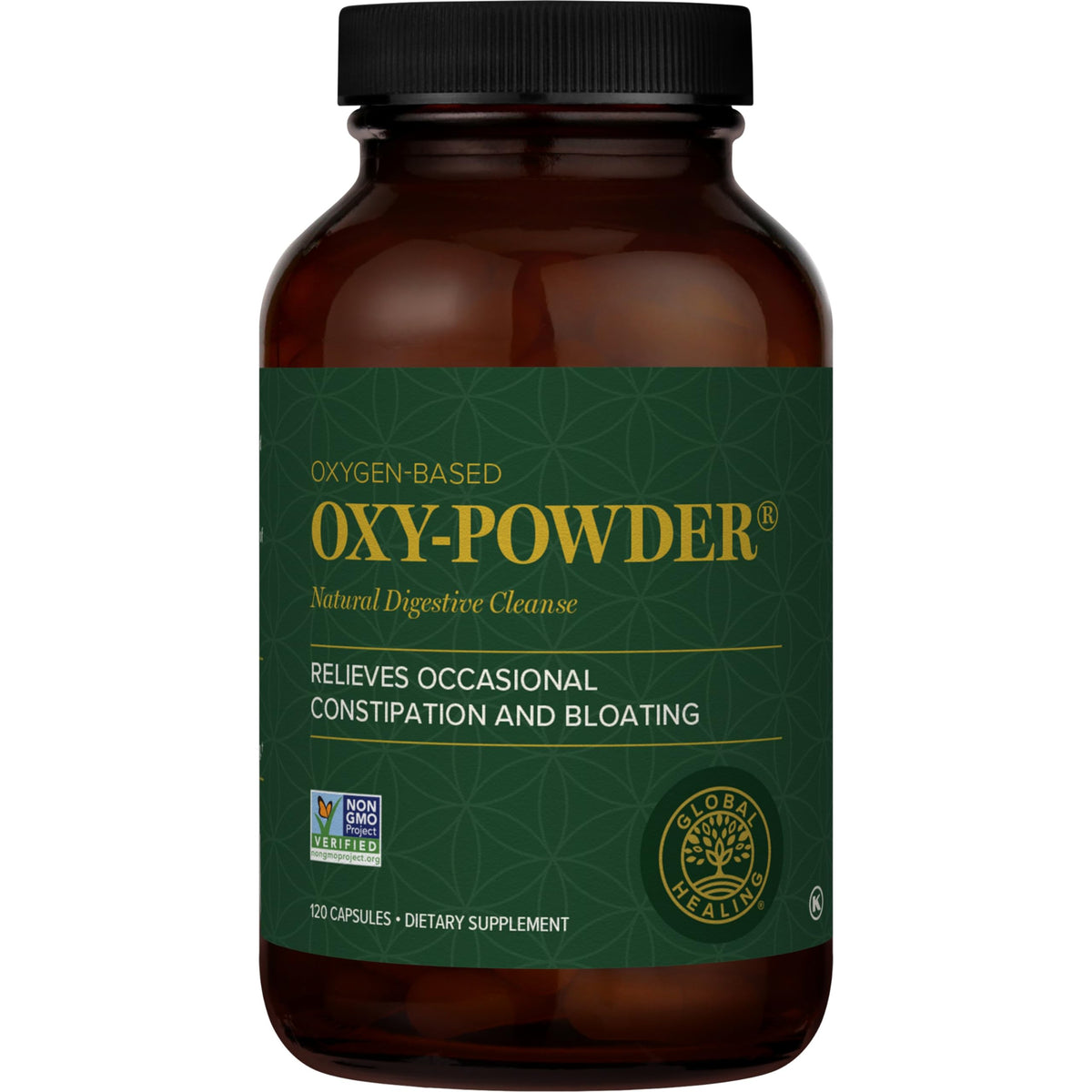 Global Healing Center Oxy-Powder – bouteille montrant l'emballage et un nettoyage intestinal doux.