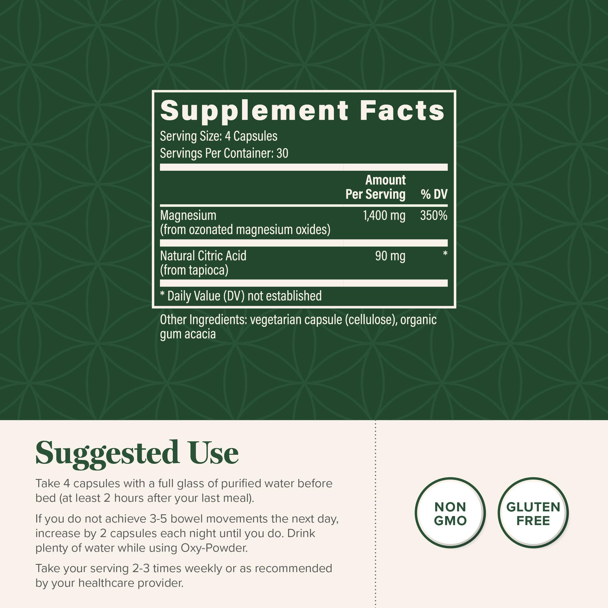 Global Healing Center Oxy-Powder – etiquette lisible indiquant les informations et conseils d'utilisation nocturne.