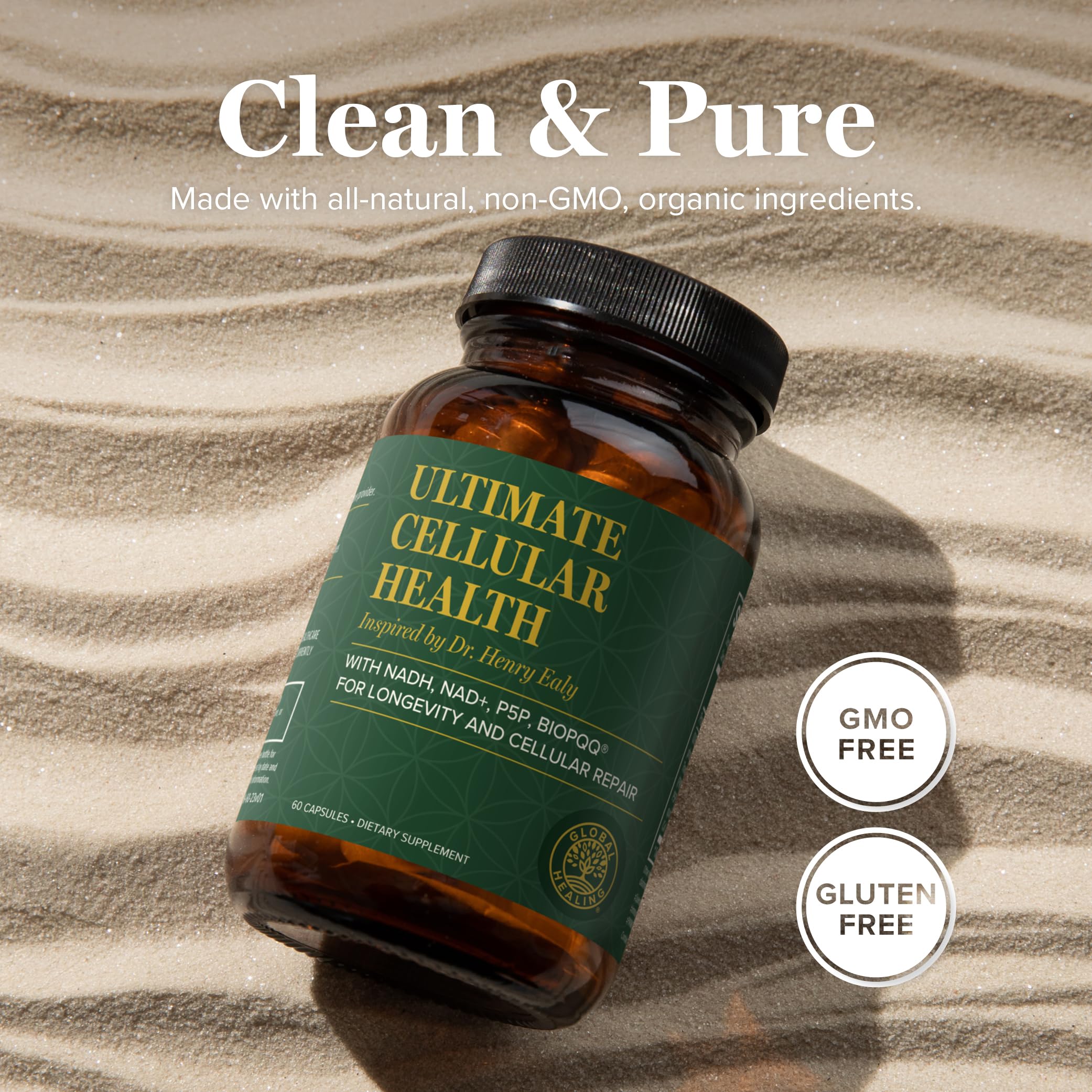 Capsules NAD Protection ADN de Global Healing Center dans leur flacon, bouchon refermable.