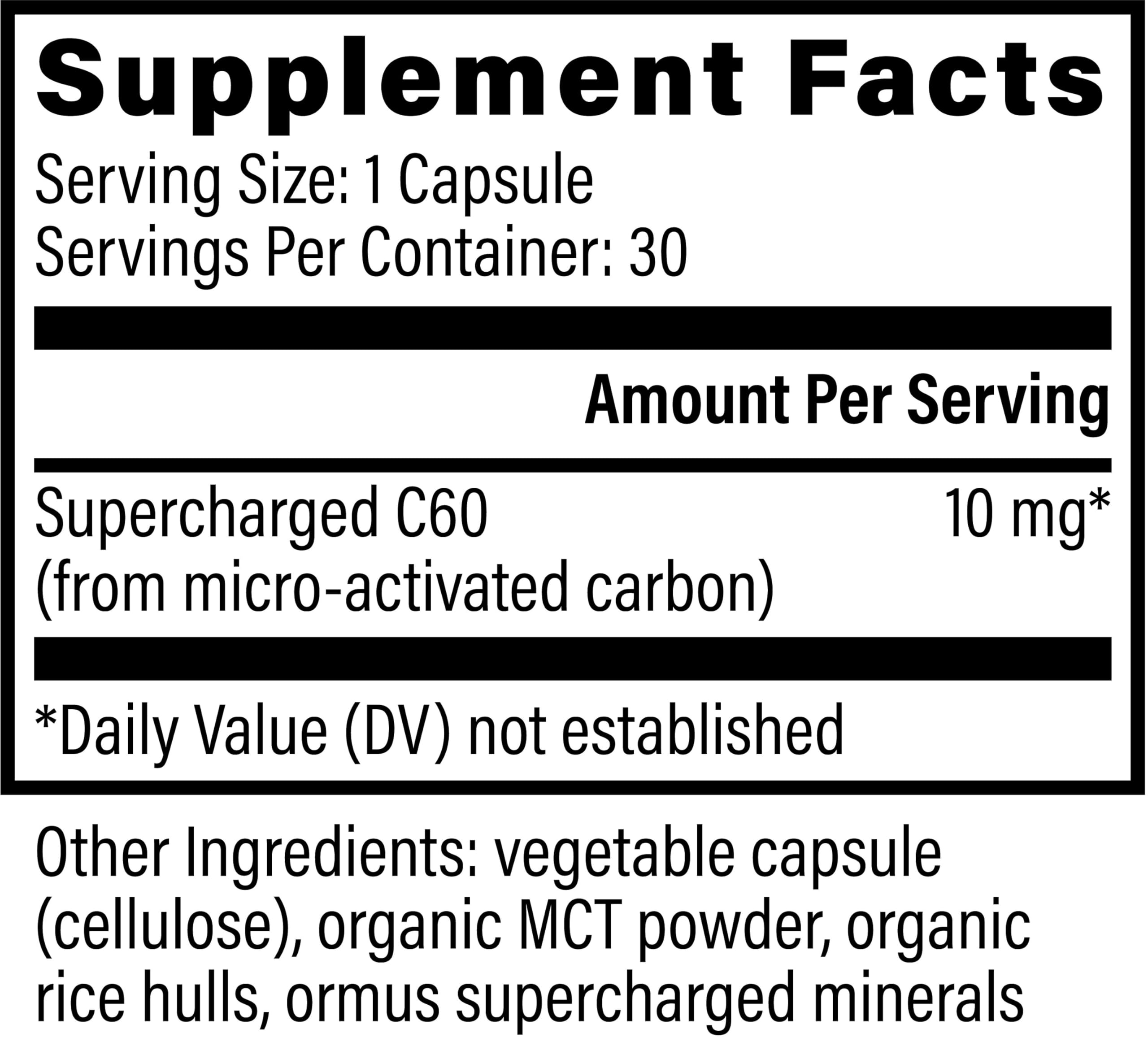 Global Healing Center Supercharged C60: étiquette et emballage clairs pour comprendre l'utilisation.