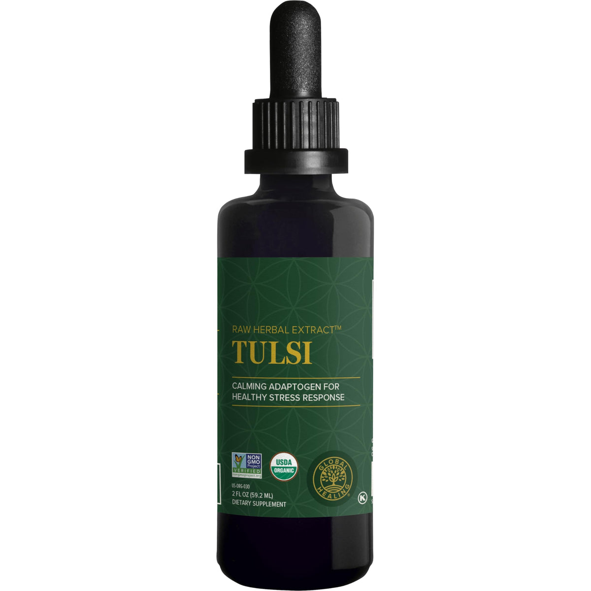 Global Healing Center Tulsi gouttes en bouteille, format pratique pour le bien-être quotidien.