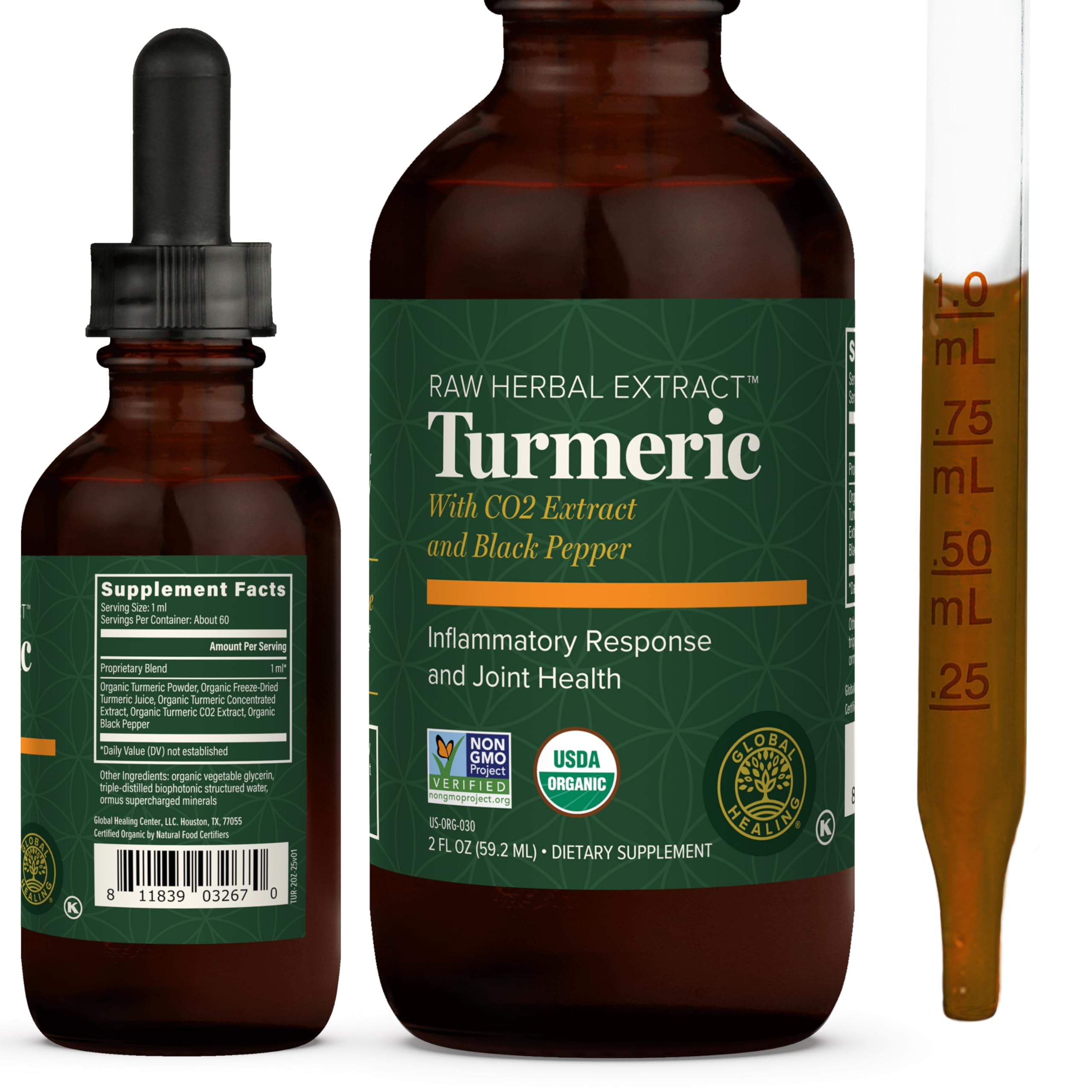 Global Healing Center Turmeric Drops: bouteille avec compte-gouttes pour soutenir la mobilité articulaire.