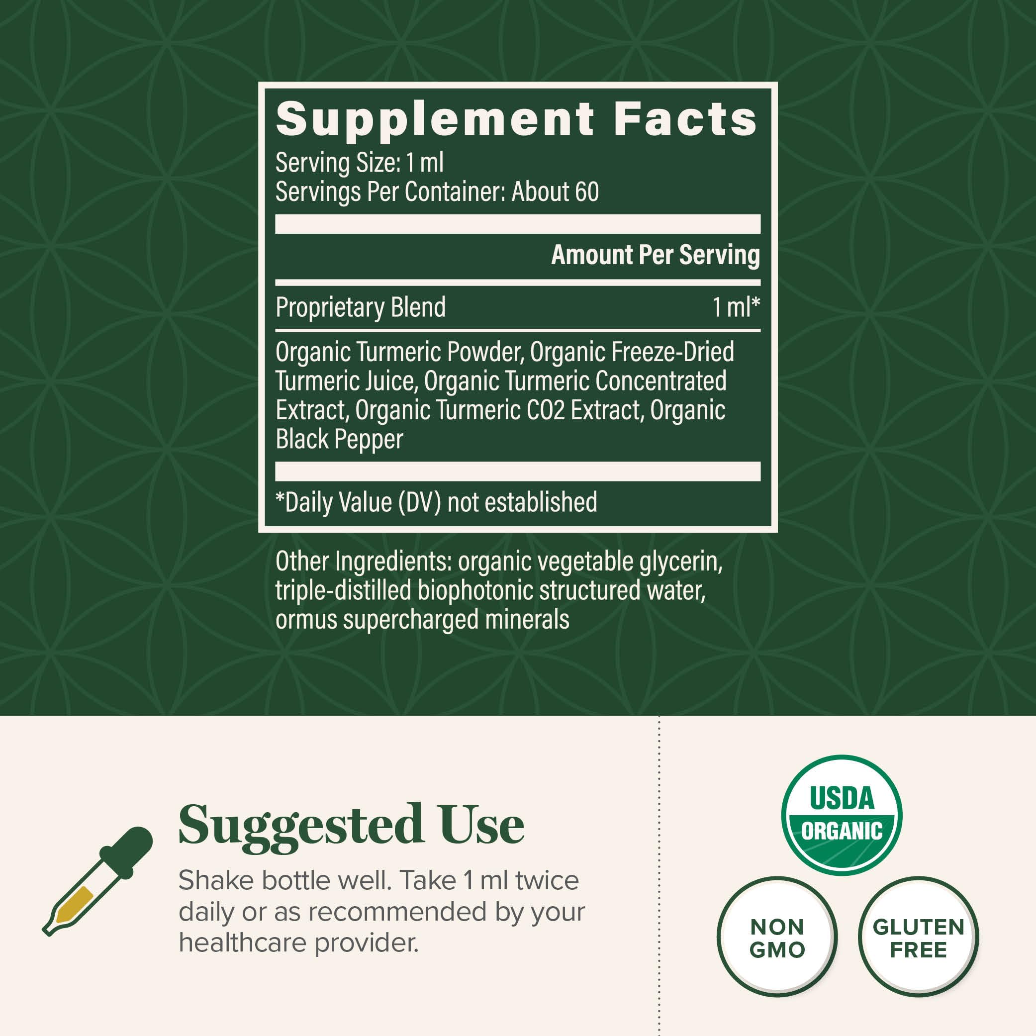 Global Healing Center Turmeric Drops: flacon ambré pour préserver les actifs et la fraîcheur.