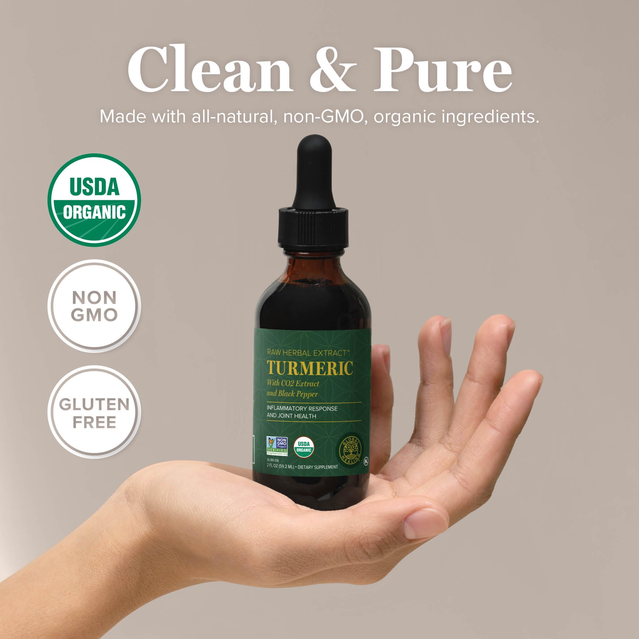 Global Healing Center Turmeric Drops: vue du flacon sur le comptoir, usage quotidien.