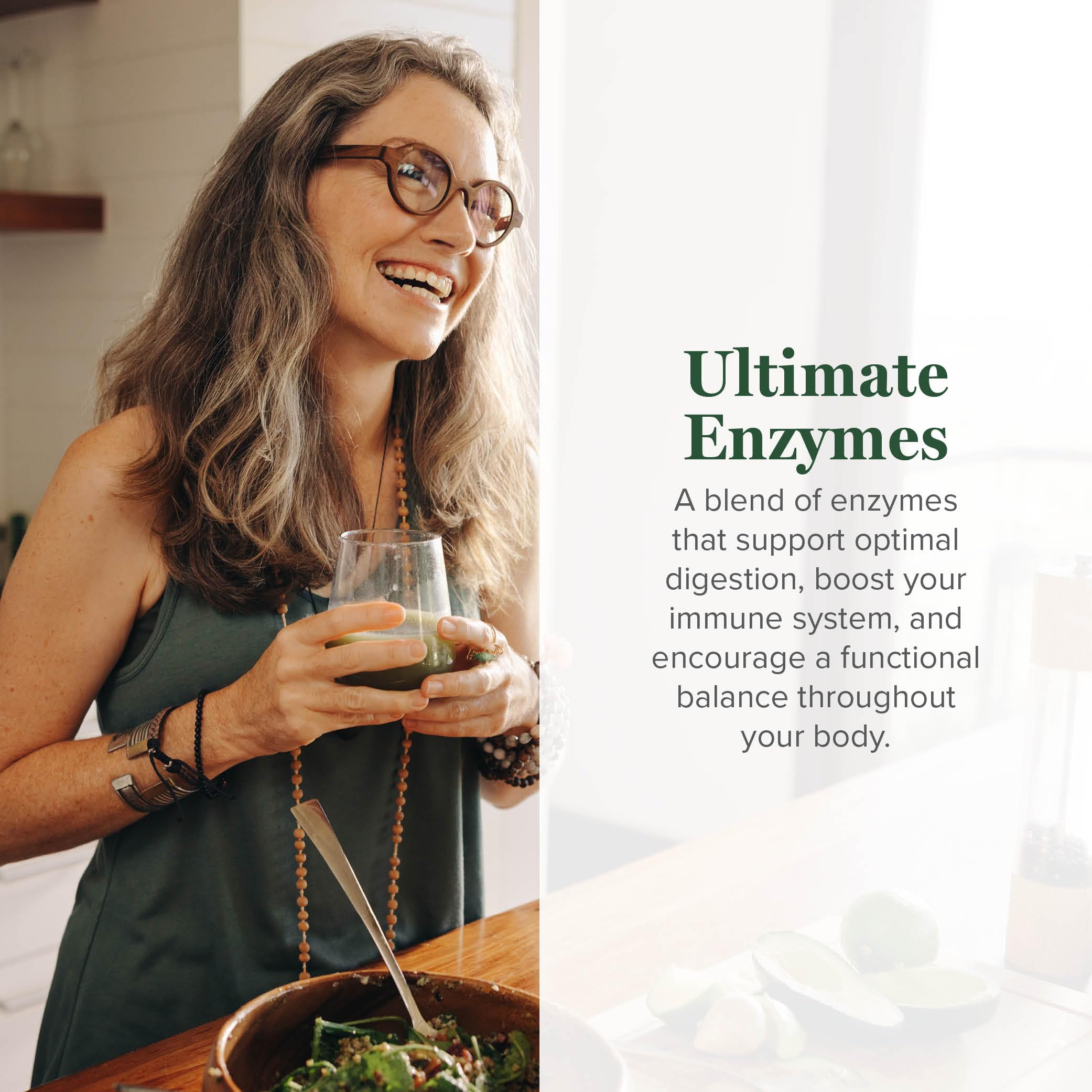 Global Healing Center Ultimate Enzymes – etiquette claire indiquant le spectre d'enzymes végétales