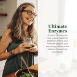 Global Healing Center Ultimate Enzymes – etiquette claire indiquant le spectre d'enzymes végétales