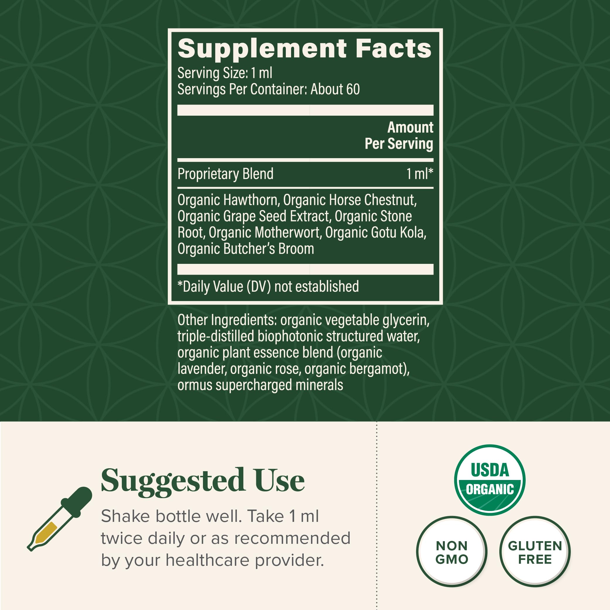 Global Healing Center Vein Health Drops - étiquette renseignant les ingrédients naturels