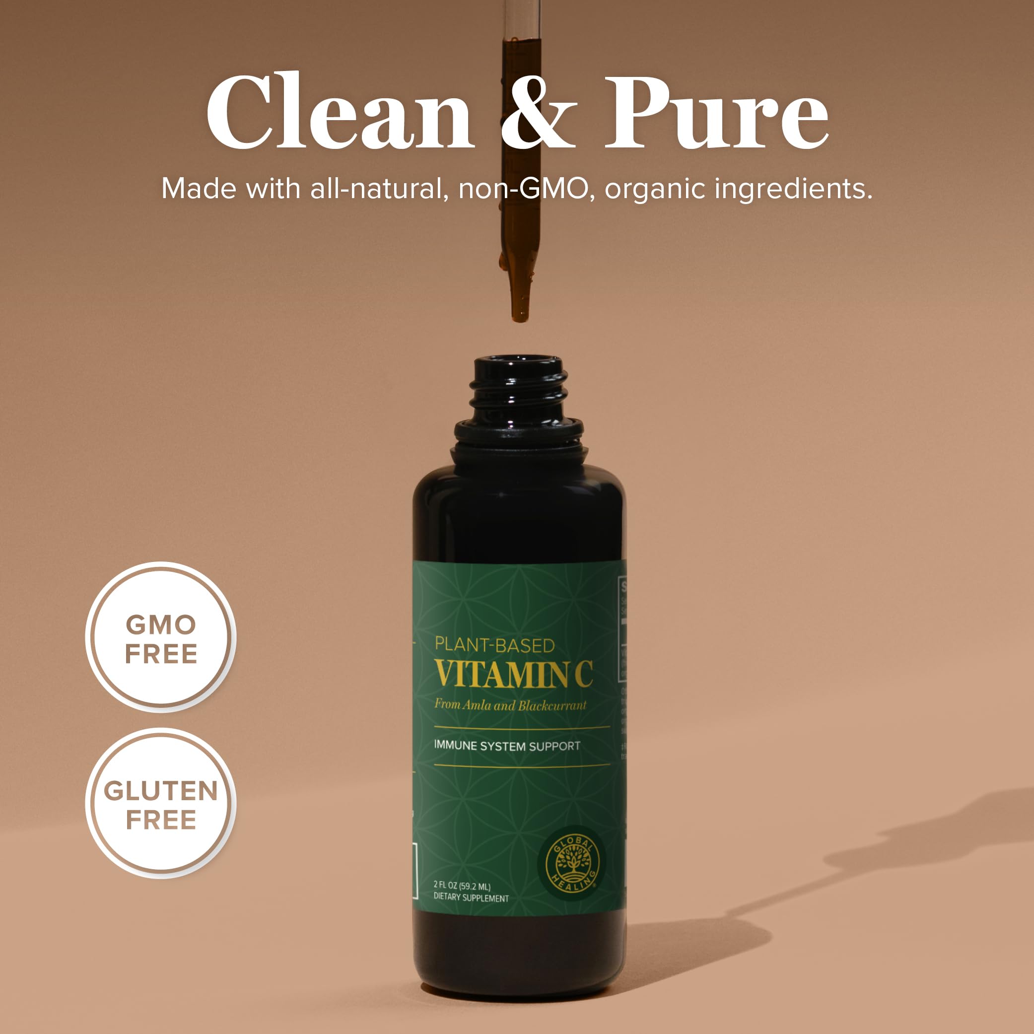Vitamine C Global Healing Center – gouttes faciles à mesurer pour routine matinale.