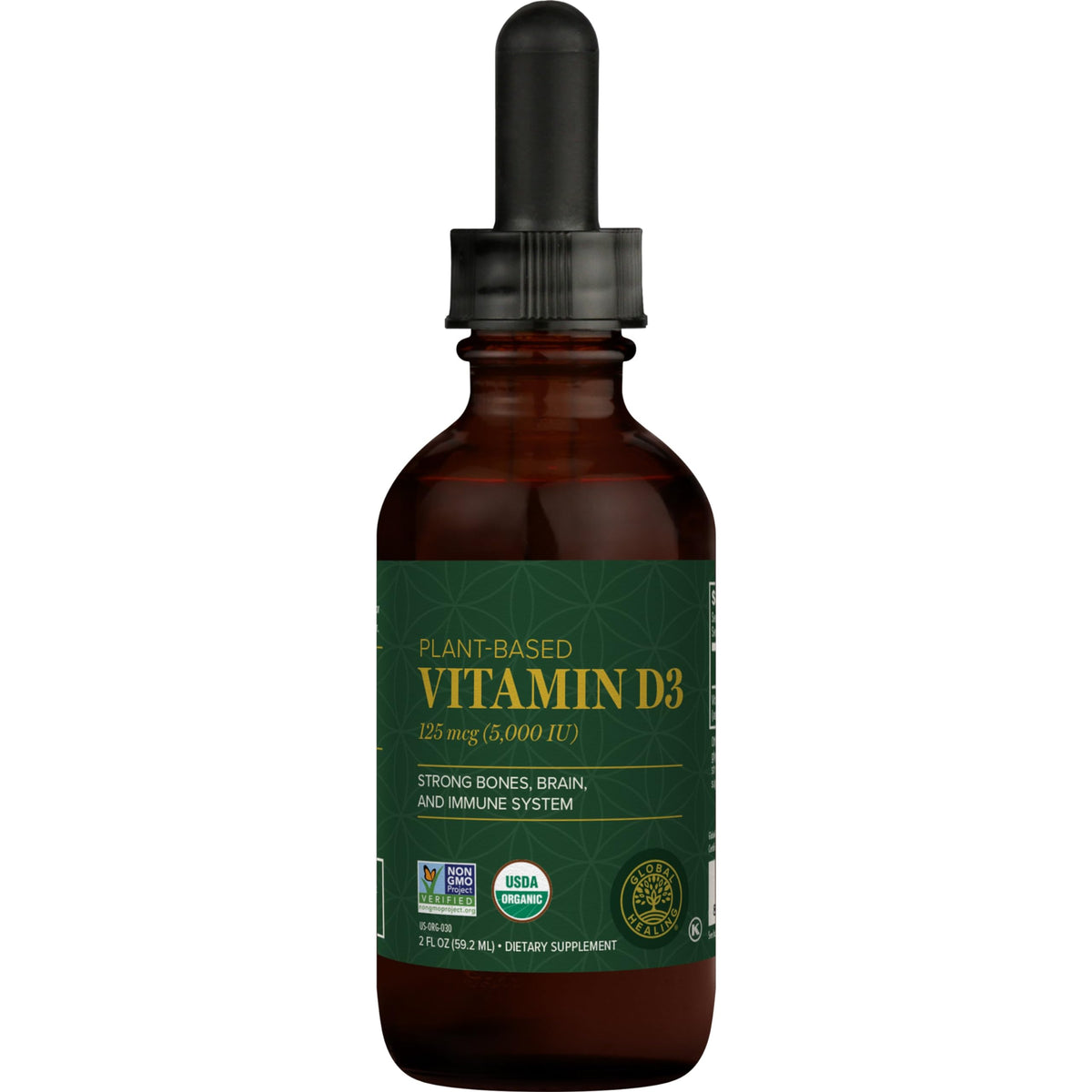 Bouteille Global Healing Center Vitamine D3 5000UI avec compte-gouttes pour dosage précis.