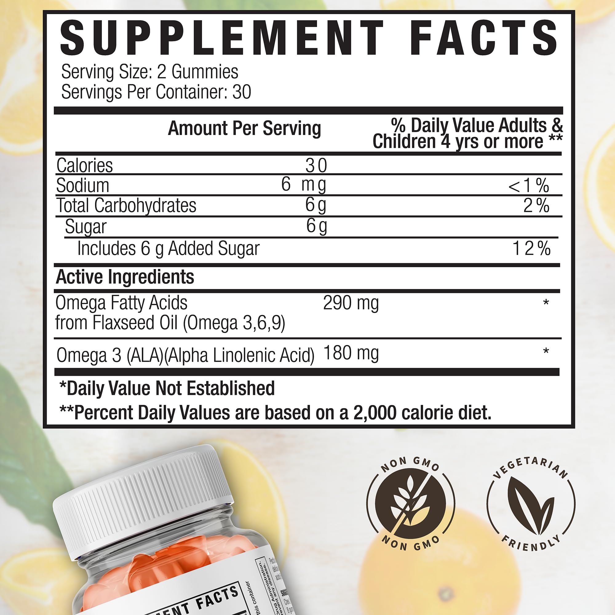 Gummies oméga-3 véganes Global Health Naturals, huile de lin, saveur orange naturelle.