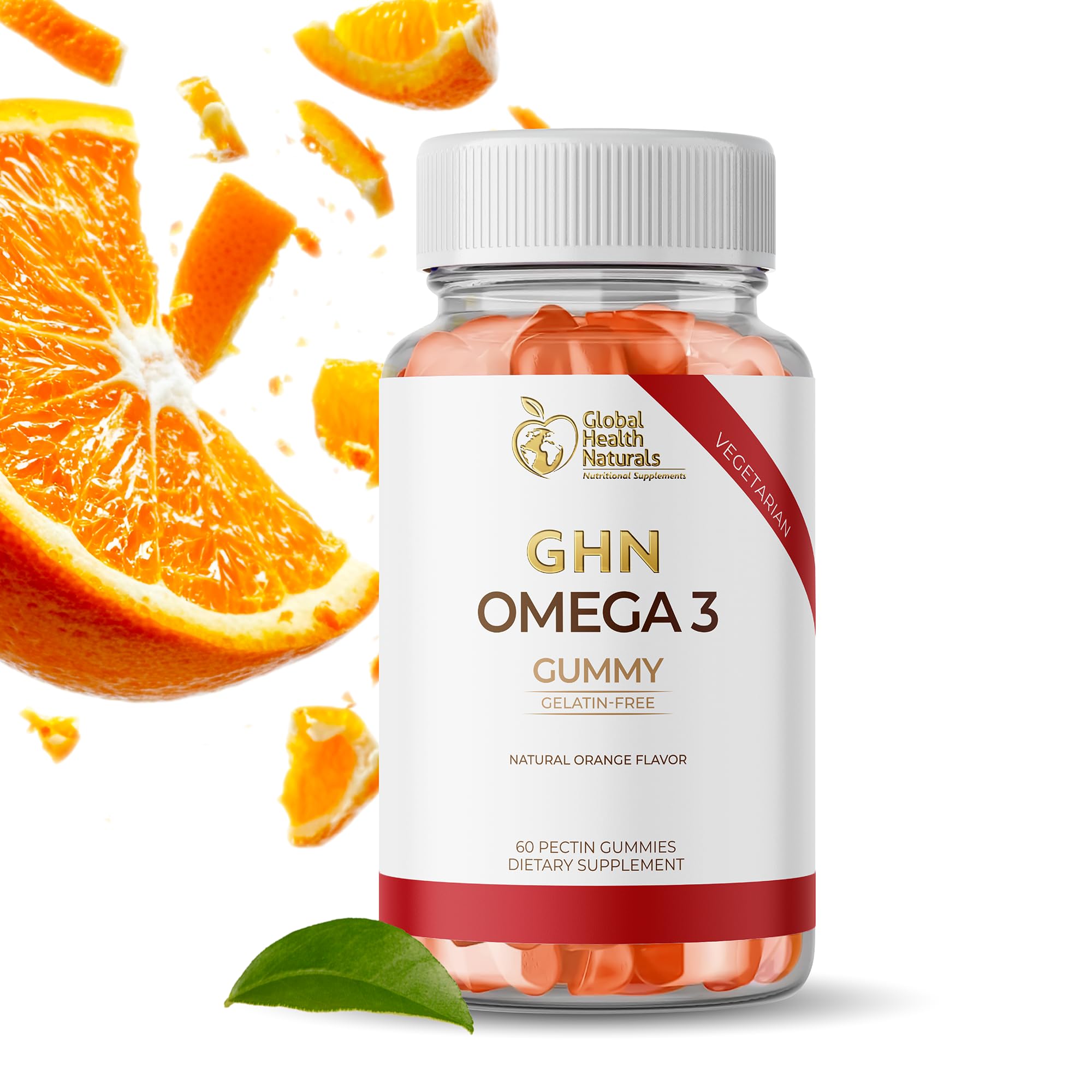 Gummies oméga-3 véganes Global Health Naturals, emballage orange, pratique pour routine quotidienne.