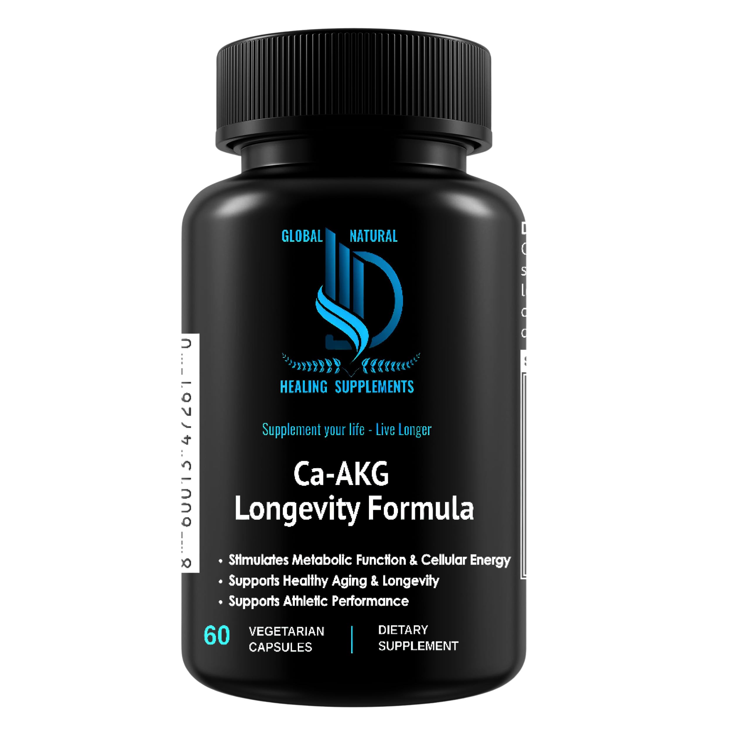 Global Natural Healing Ca-AKG: bouteille ouverte avec gélules et énergie naturelle.