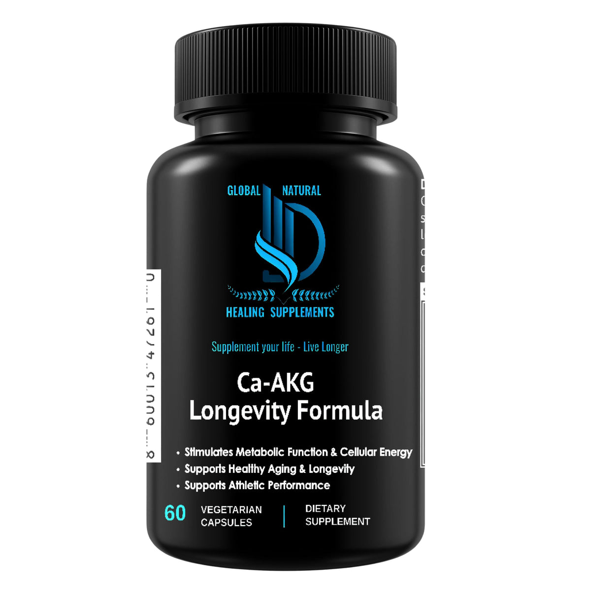 Global Natural Healing Ca-AKG: bouteille ouverte avec gélules et énergie naturelle.
