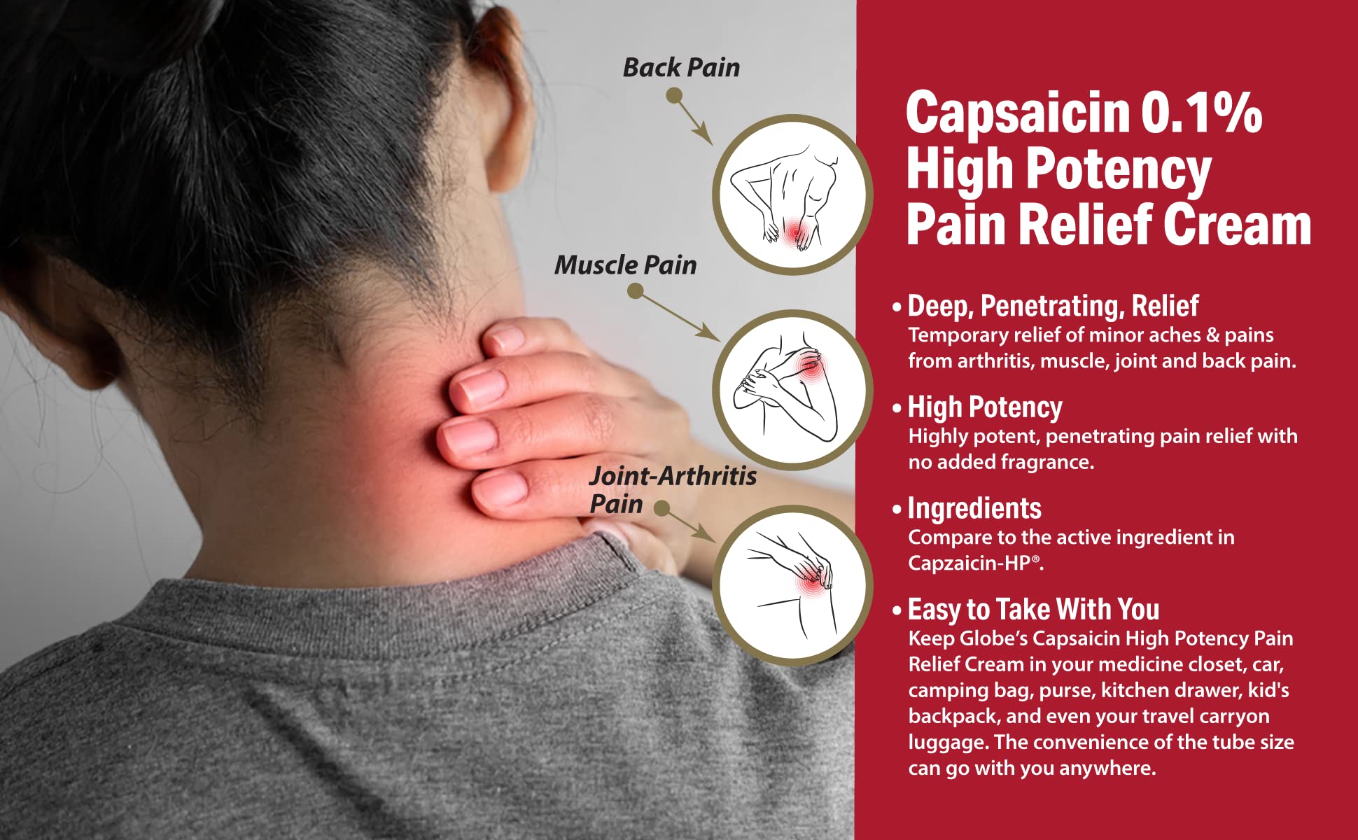 GLOBE Capsaicin crème: application épaule pour soulager les tensions.
