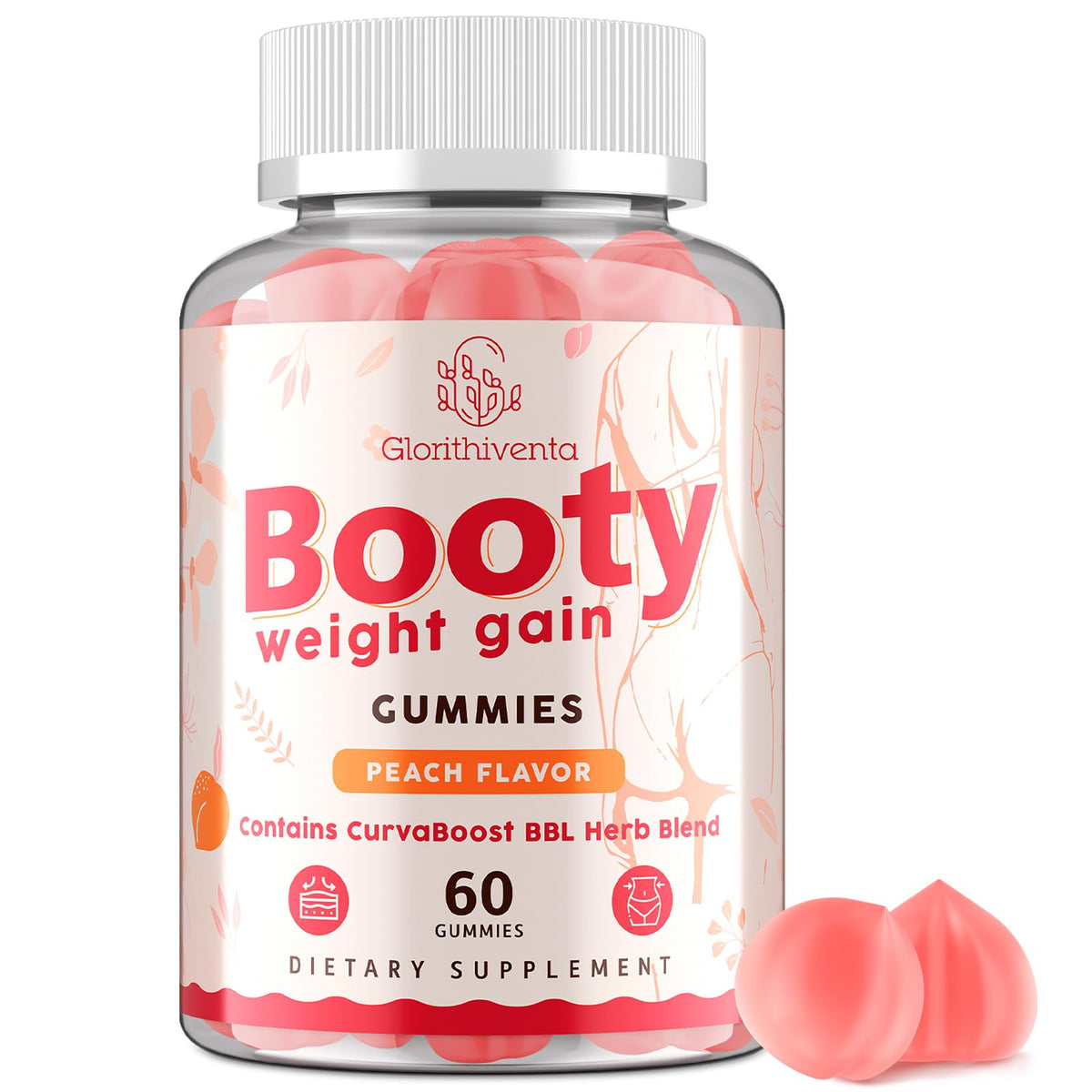 Glorithiventa Booty Gummies - Bouteille colorée avec goût pêche sans sucre ajouté.