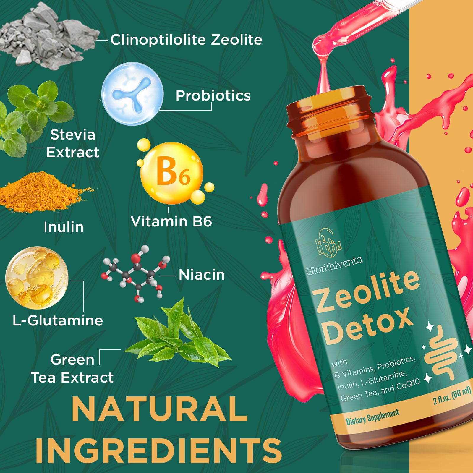 Etiquette Glorithiventa Zeolite Detox indiquant ingrédients naturels et absence d'additifs.
