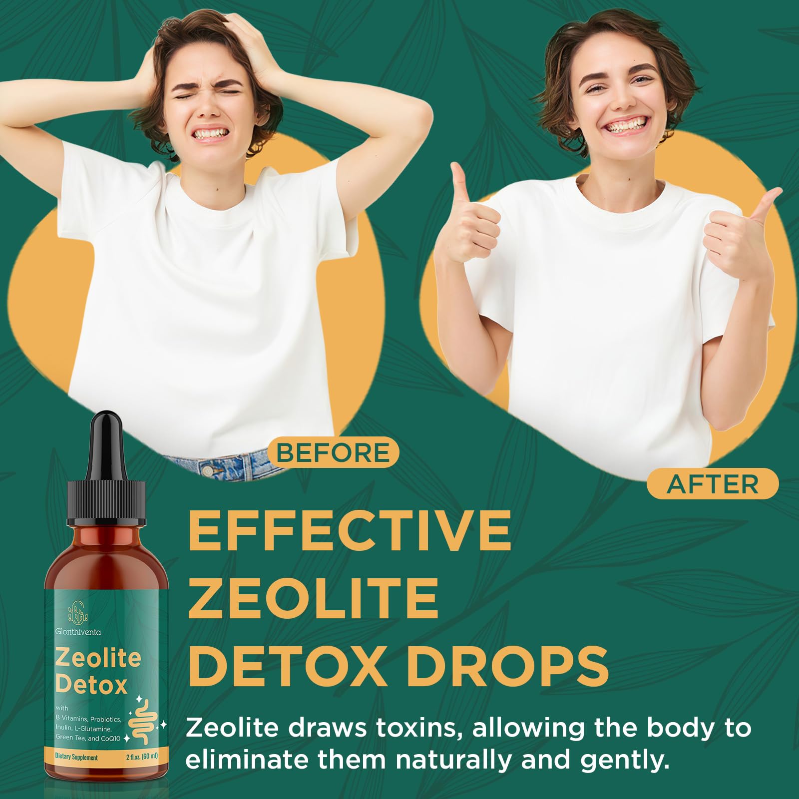 Verre avec mélange Glorithiventa Zeolite Detox dans une boisson quotidienne.