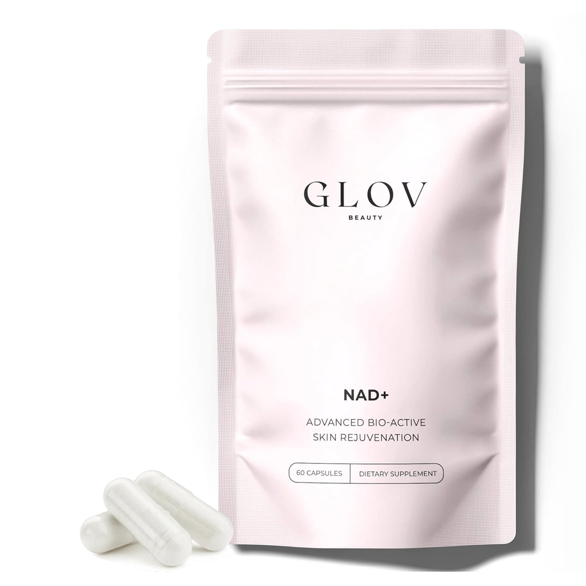 Glov Beauty NAD+ capsules et bouteille, soutien potentiel d'énergie et revitalisation