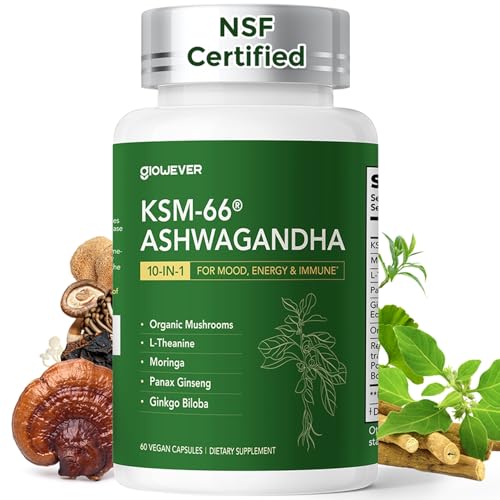GlowEver KSM-66 Ashwagandha avec L-Theanine – bouteille de capsules, soutien calme et énergie légère