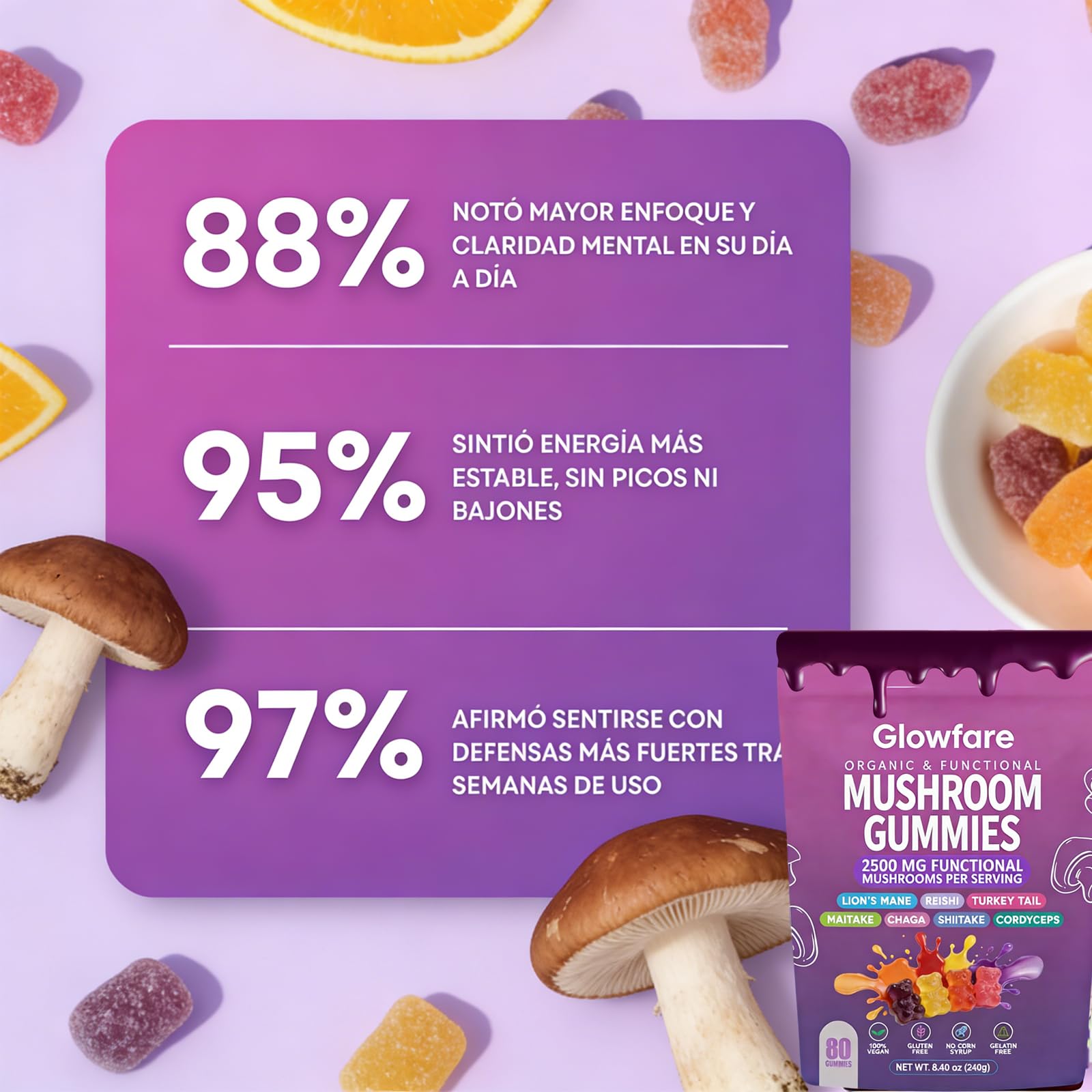 Glowfare bonbons gélifiés ingrédients bio, formulation végane et sans additifs.