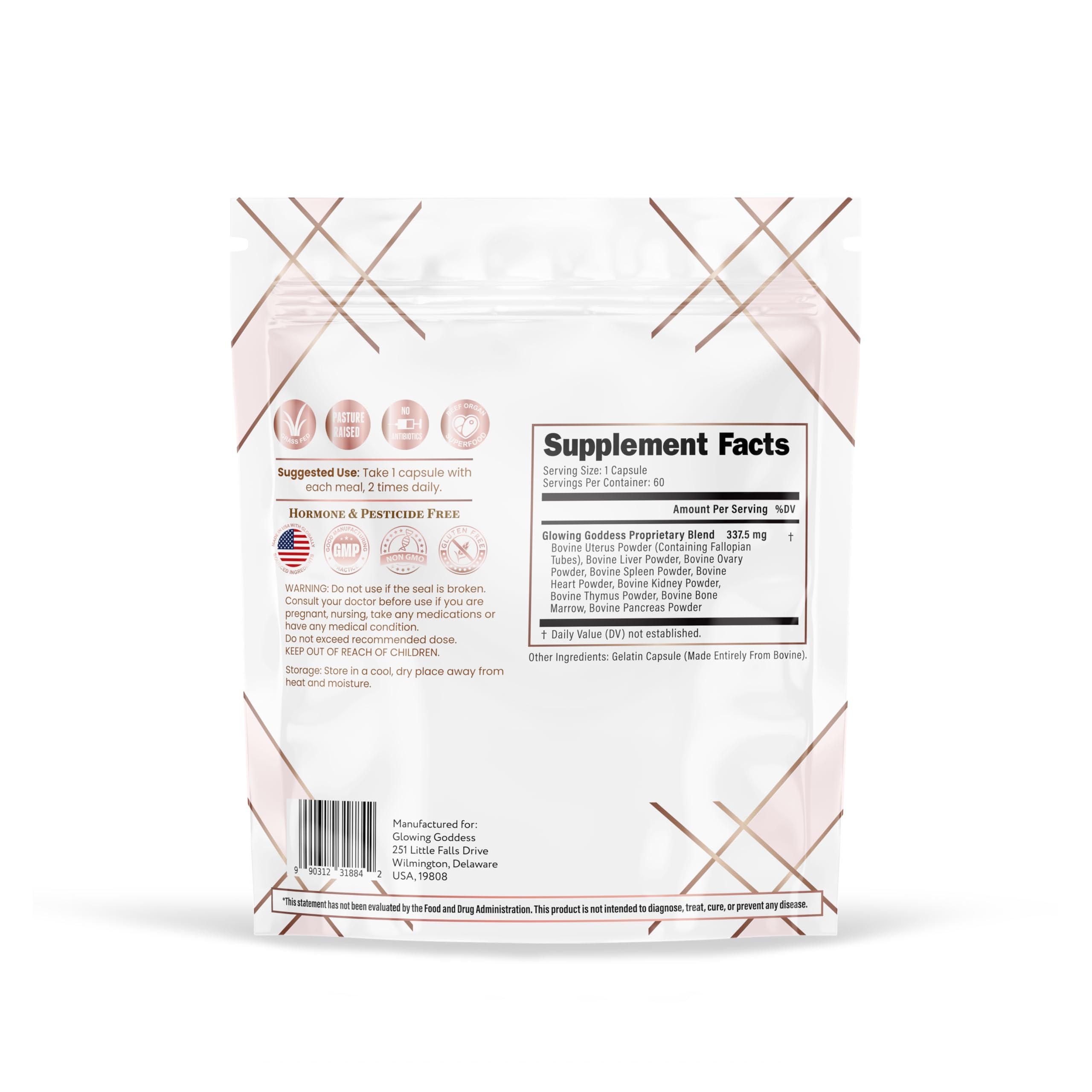 Glowing Goddess emballage capsules organes boeuf : forme pratique et source naturelle de nutriments.