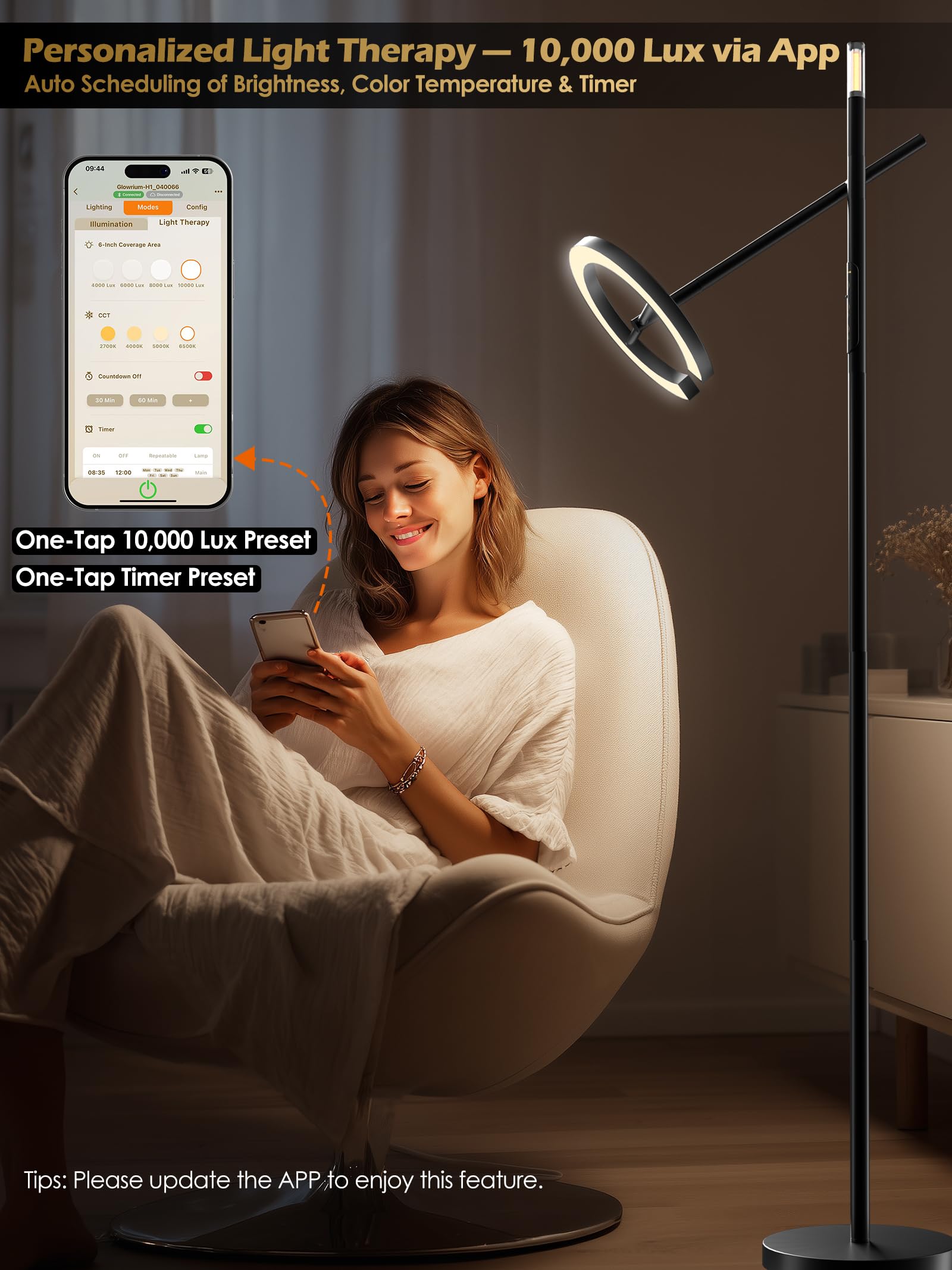 Lampe Glowrium hauteur ajustable et base stable pour placement sûr.
