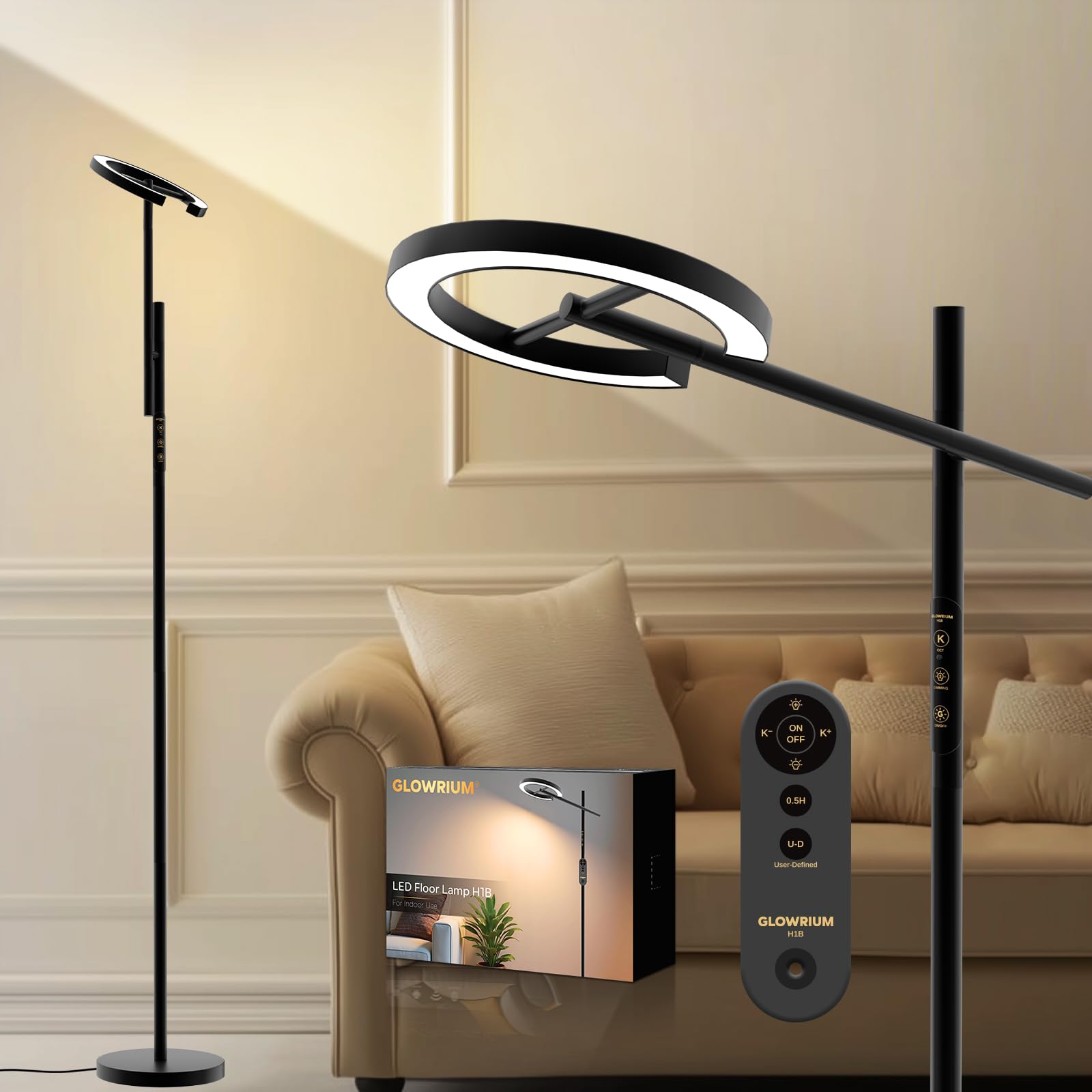 Lampe Glowrium thérapie à 12000 lux sans UV éclairant fortement le salon