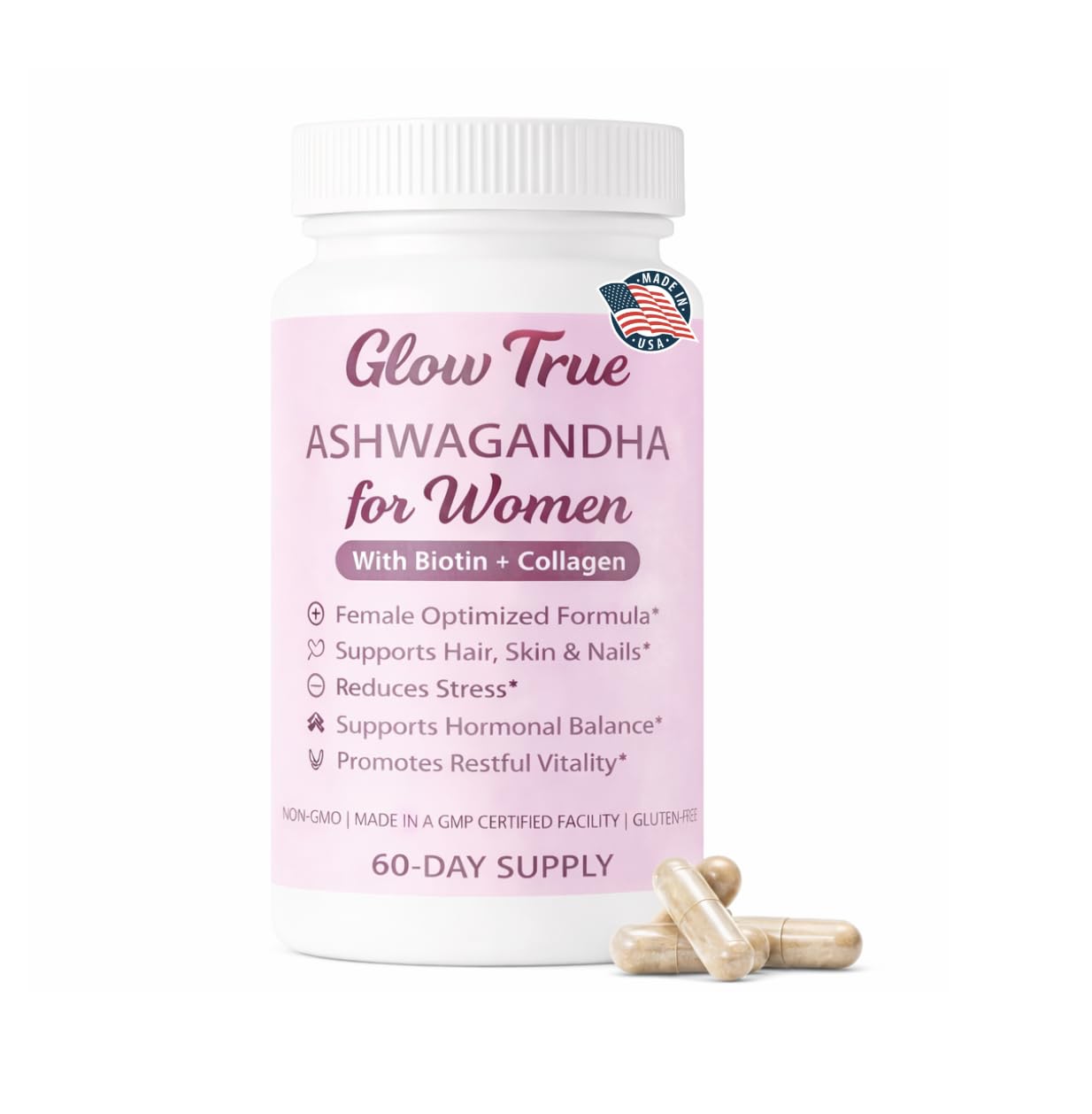 GlowTrue Ashwagandha pour femmes: bouteille de capsules, soutien quotidien au stress.