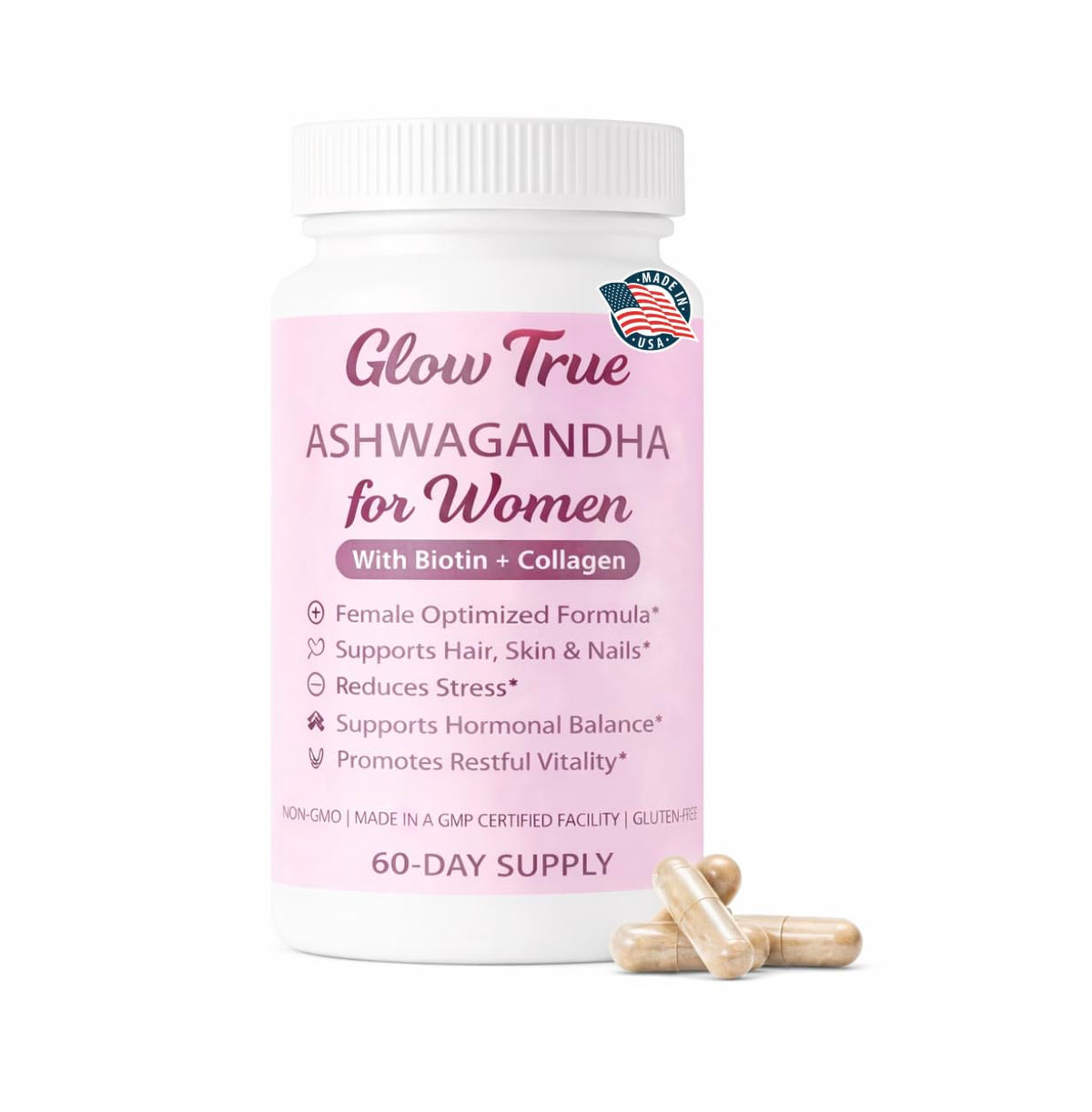 GlowTrue Ashwagandha pour femmes: bouteille de capsules, soutien quotidien au stress.