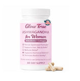 GlowTrue Ashwagandha pour femmes: bouteille de capsules, soutien quotidien au stress.