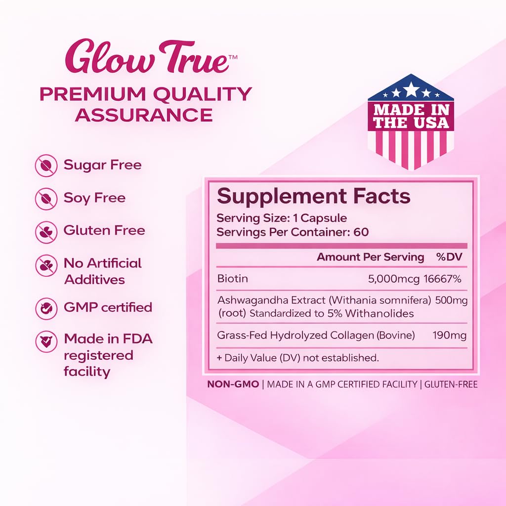 GlowTrue biotine et collagène: gélules près de la lumière, soin beauté durable.