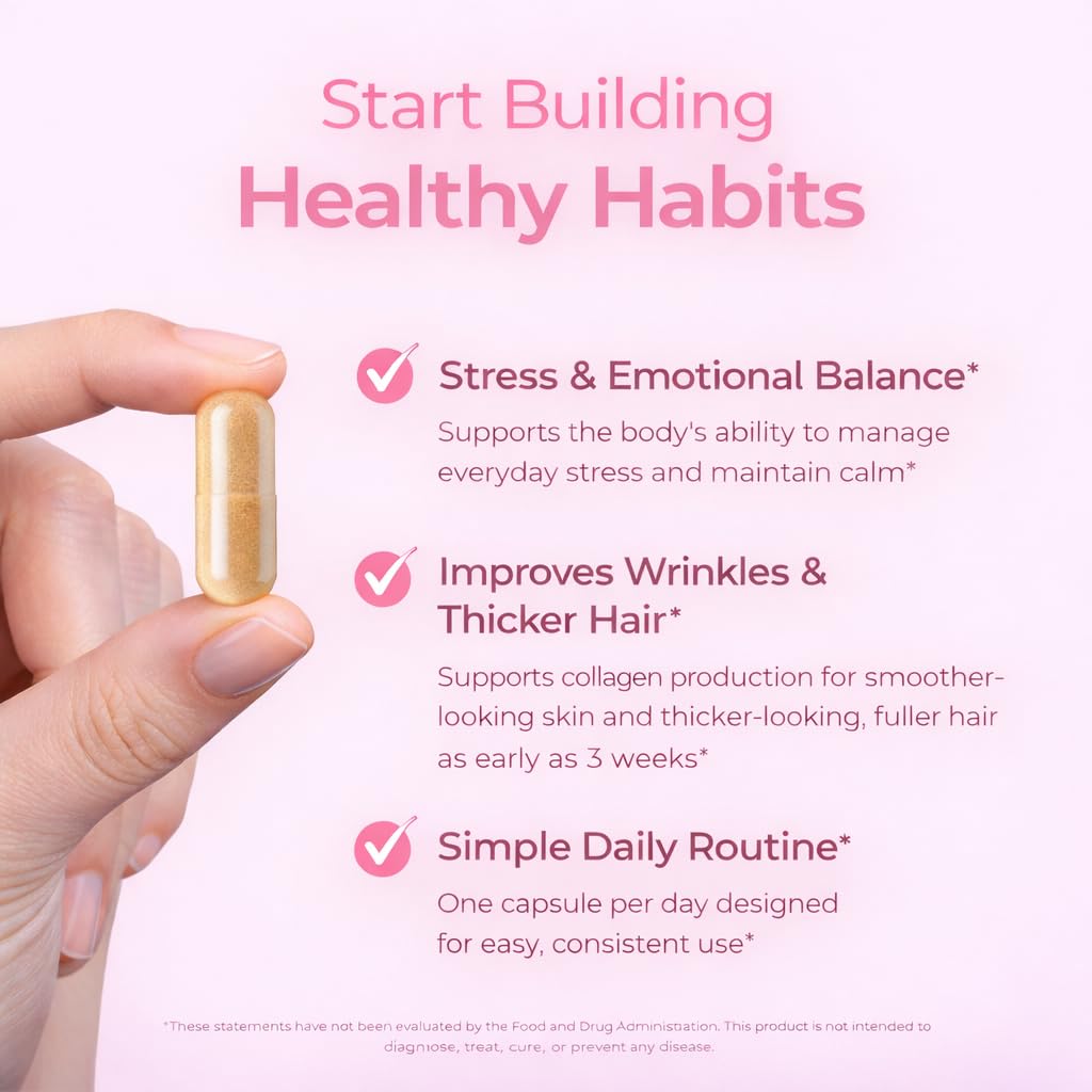 GlowTrue capsules végétariennes: flacon posé, support cheveux et peau après une journée chargée.