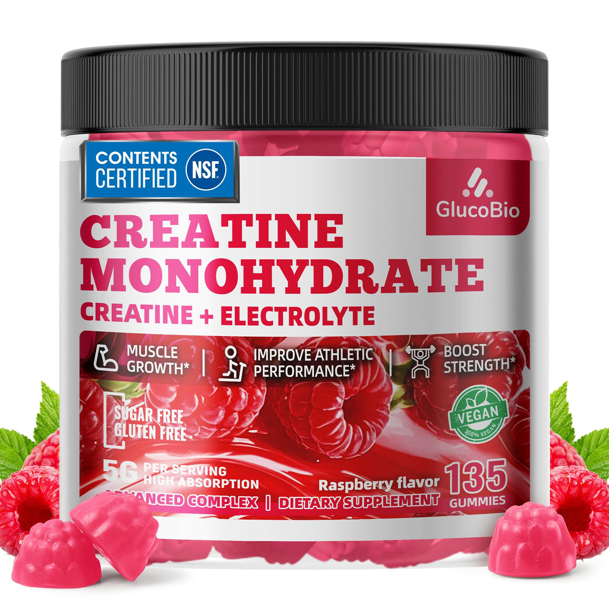 GlucoBio Gommes Creatine Monohydrate Framboise – dose pratique pour énergie et entraînement.